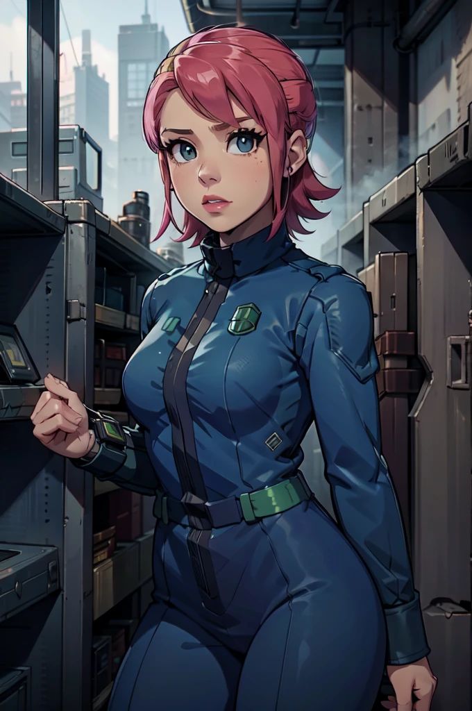 Mayl Sakurai reimagined as a vault dweller, doing maintenance in an underground vault. Her vibrant pink hair stands out against the dimly lit environment. She is a 26-year-old woman dressed in a vault dweller jumpsuit, indicative of her role in the post-apocalyptic world. The jumpsuit is worn but still functional, reflecting the harsh conditions of life underground. Her face is beautifully detailed, with expressive eyes that convey determination and intelligence. Her lips are also well-defined, adding to her overall allure.

In the vault, Mayl Sakurai is seen operating a pipboy, a wrist-worn device that serves as an essential tool and information hub for survival in the vault. The pipboy's screen emits a soft glow, illuminating Mayl's face and casting a subtle green hue on the surroundings. The details on the pipboy, from its buttons to its display, are extremely detailed, showcasing its futuristic design.

The underground vault is filled with mechanical equipment and pipes, emphasizing the importance of maintenance in this post-apocalyptic world. The atmosphere is gritty and industrial, with a hint of mystery and danger. The lighting is dim and has a hint of blue tones, enhancing the underground ambiance.

Despite the grim surroundings, Mayl Sakurai exudes confidence and strength as she jumps into action, ready to fulfill her duties as a vault dweller. Her posture and expression suggest that she is prepared to face any challenge that comes her way.

The image quality should be at its best, with 4K resolution and ultra-detailed rendering, capturing every intricate detail of the scene. The colors should be vivid, emphasizing the contrast between Mayl's vibrant pink hair and the dimly lit environment. The overall style should lean towards a post-apocalyptic concept art aesthetic, blending realism with a touch of fantasy.

In summary, the Stable Diffusion prompt for the provided theme would be:
Mayl Sakurai reimagined as a vault dweller, doing maintenance in an undergr