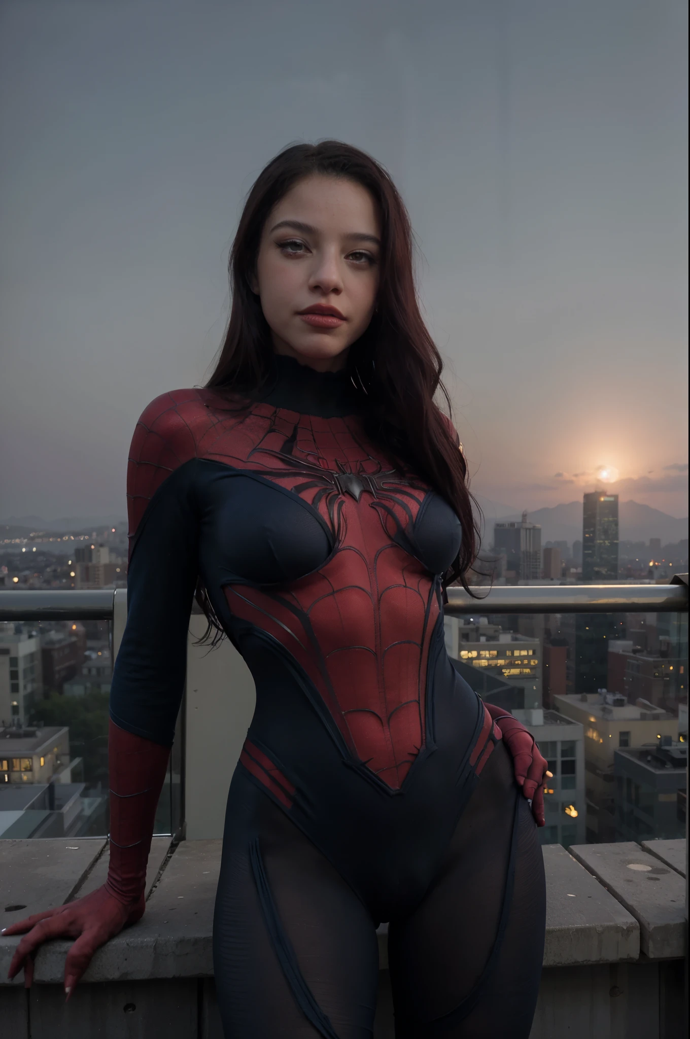 traje azul y rojo de spider man. emilia mernes en metropolis, de noche. en un super edificio alto, con traje de super heroe, spider woman
