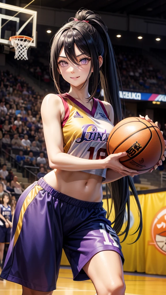 hyuuga hanabi, long hair tied low, hair band, hana purple eyes, ponytail, beautiful, beautiful woman, perfect body, perfect breasts, wearing a basketball jersey, on the basketball court, holding a basketball, basketball hoop, looking at the audience, little smile, realism, masterpiece, textured skin, super detail, high detail, high quality, best quality, 1080p, 16k