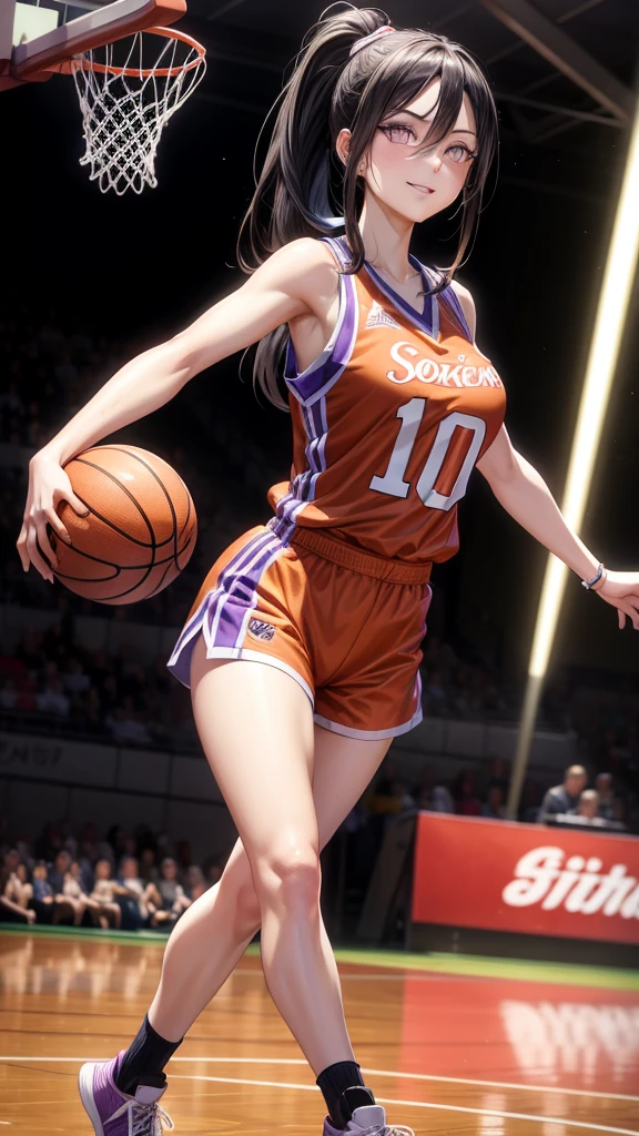 hyuuga hanabi, long hair tied low, hair band, hana purple eyes, ponytail, beautiful, beautiful woman, perfect body, perfect breasts, wearing a basketball jersey, on the basketball court, holding a basketball, basketball hoop, looking at the audience, little smile, realism, masterpiece, textured skin, super detail, high detail, high quality, best quality, 1080p, 16k