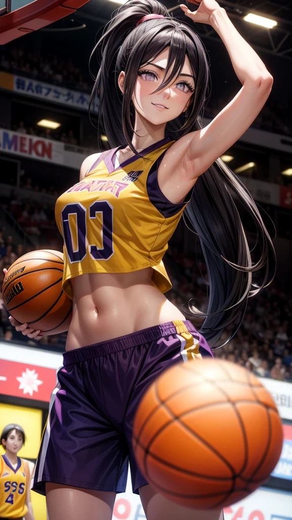 hyuuga hanabi, long hair tied low, hair band, hana purple eyes, ponytail, beautiful, beautiful woman, perfect body, perfect breasts, wearing a basketball jersey, on the basketball court, holding a basketball, basketball hoop, looking at the audience, little smile, realism, masterpiece, textured skin, super detail, high detail, high quality, best quality, 1080p, 16k