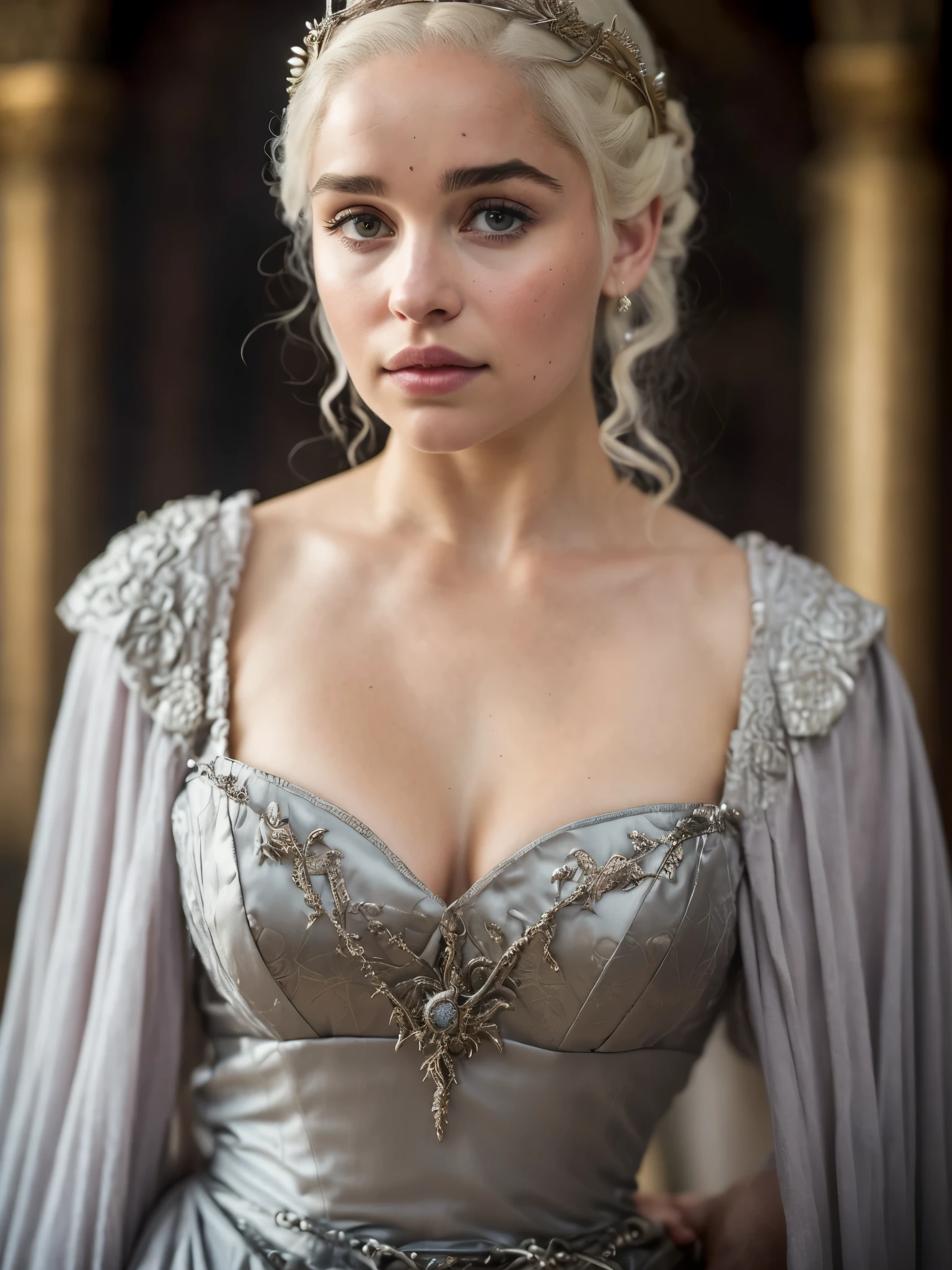 Royal Satin dress, Perfect eyes, flawless Beauty, pierced eyes, Masterpiece, Daenerys Targaryen, Gorgeous woman, queen, Queen Lady, Princess of Dragonstone, black mole on breast, The Unburnt, Queen of Meereen, Queen of the Andals, the Rhoynar and the First Men (claimant), Protector of the Seven Kingdoms (claimant), Khaleesi of the Great Grass Sea, Breaker of Shackles, Mother of Dragons, The One Who Was Promised, Lady of Dragonstone , 45 years Old, she is a Full growned lady now, beautiful mature lady, the queen, milf beauty, mature queen, Best quality, a small, charming Beauty, a captivating woman, fully ripen milf body, lustful queen, alluring appearance, unrivaled beauty, wonderful breasts, large breasts, mediaeval erotic costumes, a Game of Thrones-inspired costume, a close-up of a woman from the middle ages, Daenerys Targaryen, Daenerys, resembles Emilia Clarke, Emilia Clarke, scene from "Game of Throne," deep cleavage, warrior princess, healthy body, perfect thick body, attractive figure, fleshy body, style of "Game of Throne," beautiful lady, beautiful woman, mediaeval clothes, stunning woman, 8K, insane details, dress made of clothes and jewelry, perfect hair, styled hair, high clarity eyes, perfect hands, perfect fingers, perfect eyes