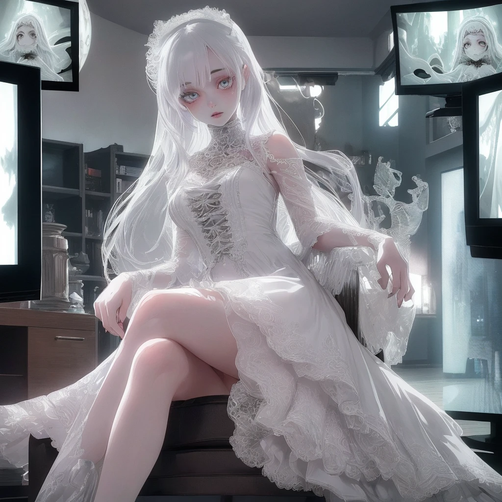(best quality,ultra-detailed,realistic),girl,beautiful detailed eyes,beautiful detailed lips,ghostly appearance,cute appearance,21-year-old,white ghostly dress,ghostly appearance in a living room,sitting on top of a TV,screen interference,legs crossed,intense gaze,perfect body
