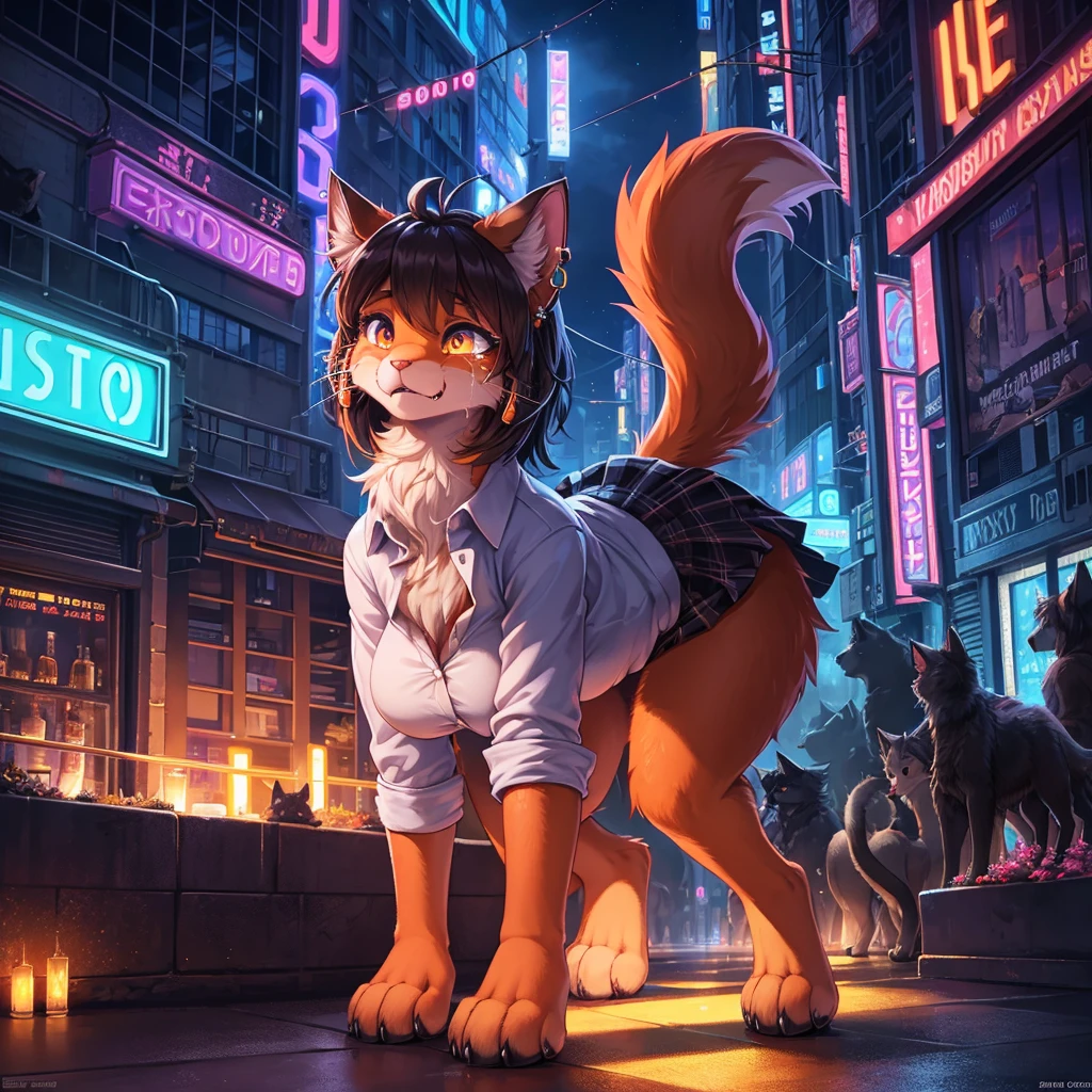 1 girl, (detailed fluffy fur), (feral cat:1.4), two-tone hair, (high quality), high resolution, detailed eyes, detailed shadows, button up shirt and skirt, (high quality), high resolution (digital painting), (8k), (tail: 1.1), winged eyeliner, earrings, large breasts, city buildings, skyline, (neon lights: 1.1), night, crowded, bright light, Neon, (orange [body fur]), terrified, crying, detailed eyes, (quadrupedal:1.4), (four legged:1.3)