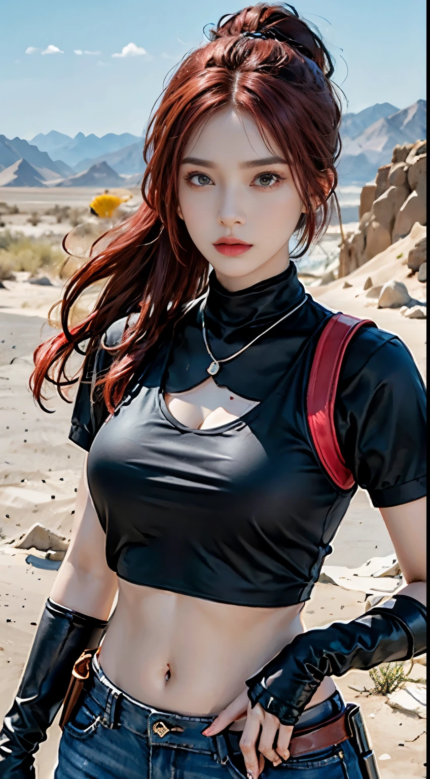 Photorealistic, high resolution, 1womanl, Solo,The background is in the desert, looking to the camera, (Detailed face), red hair, anger expression，SWAT vests, Gun, With black gloves，Fingers are occluded，exposing your navel,1 girl, solo, only one girl ,red hair, short ponytail, blue eyes, lay on the bed, necklace, piercings, hand tattoo,