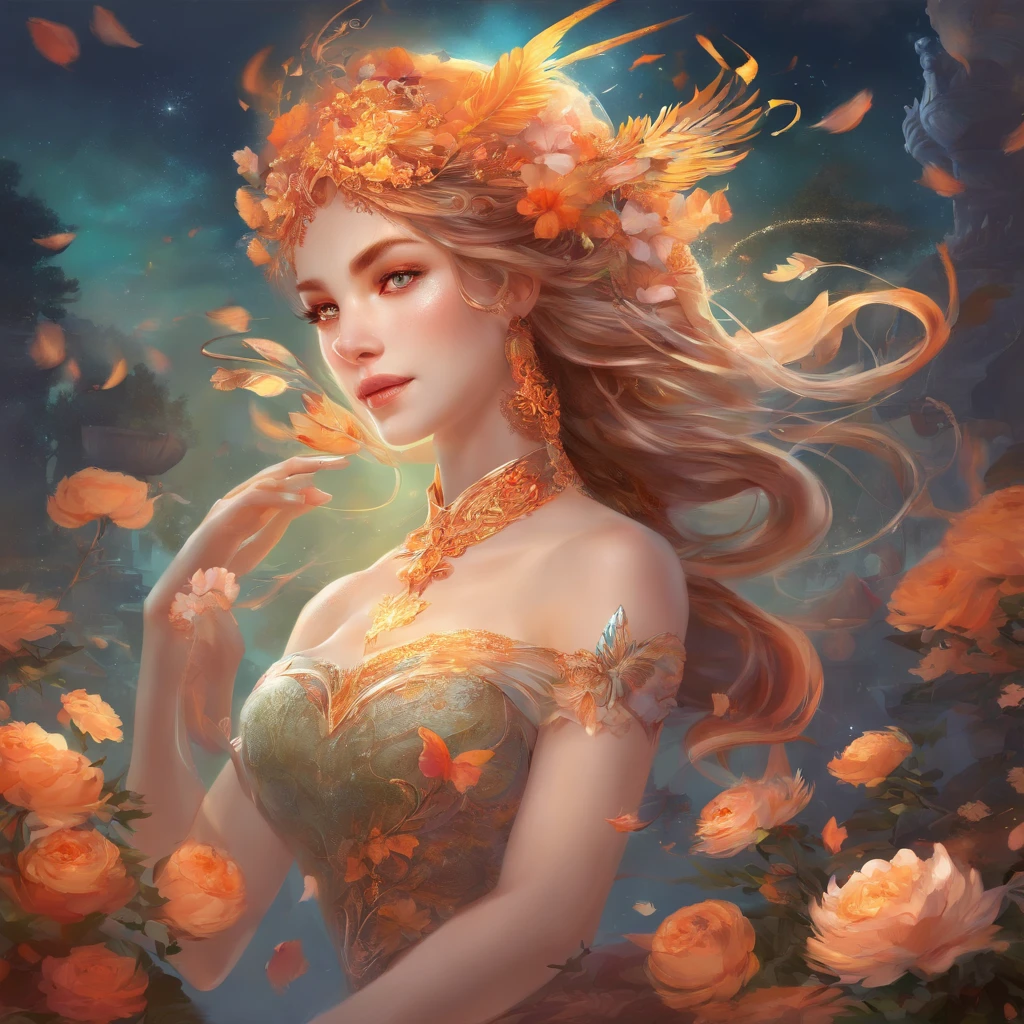 (best quality:1.4, highres:1.4), fantasy, extremely detailed, complex, hyper detailed, figure, soft lighting, beautiful detailed eyes, flowing orange hair with flowers, dress, bending over, smirk, perfect face, sitting, table, vibrant, intricate, dramatic lighting, 4K, detailed background, caustics, full-body, digital art, from the side (Laura: Qiyong rubber:0.55)