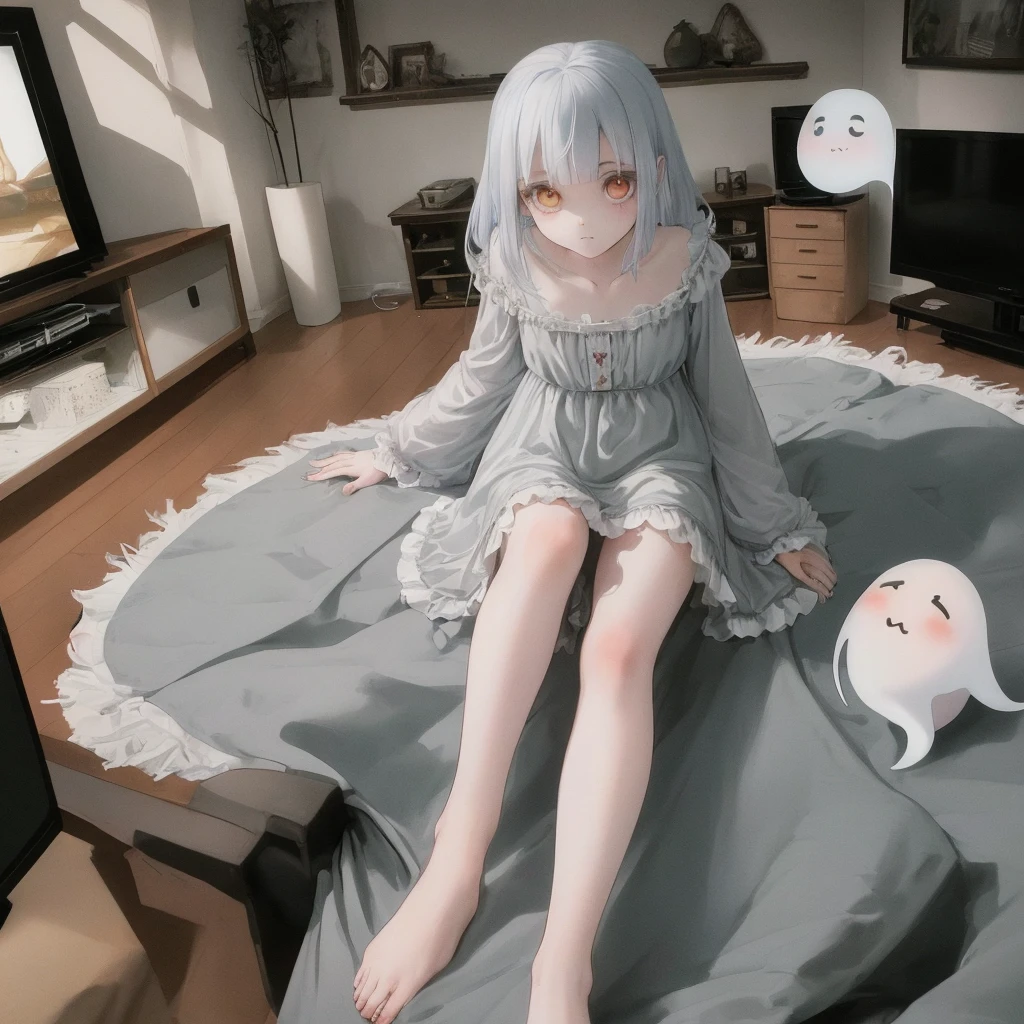 Ghost girl with beautiful and cute appearance, idade 21 anos roupa branca de fantasma, ghostly appearance in a living room of a house sitting on top of a TV with screen interference and her legs crossed, olhar compasso, (seu corpo e perfeito com seios robustos)