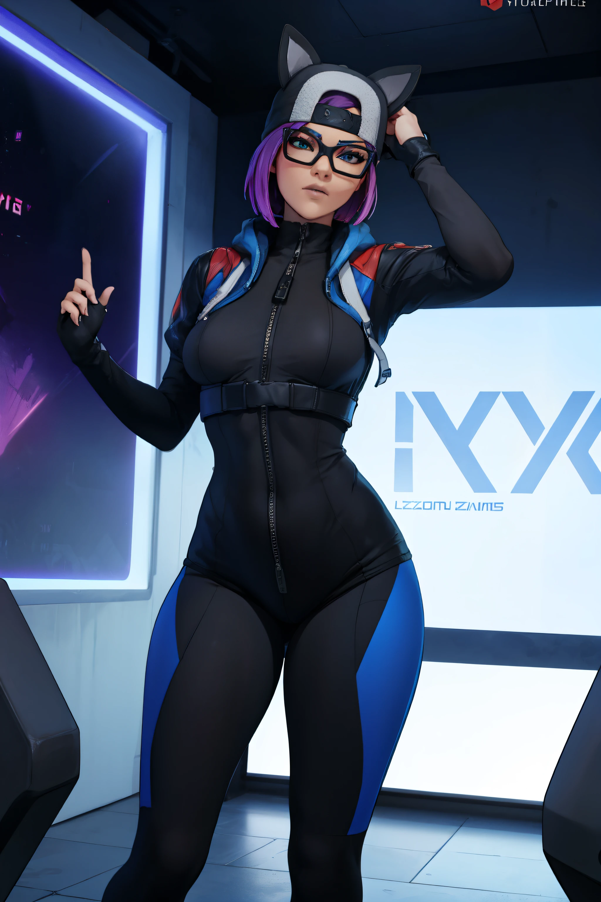 Gaming Zone Lynx Negro guantes sin dedos, leggins black and blue, gafas, gorra