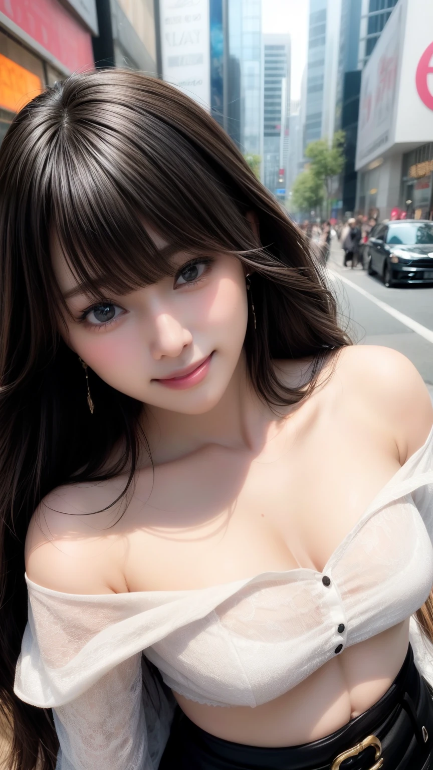 highest quality、Natural Lip、Fair skin、Great light、Beautiful lighting、((Black Hair))、((Straight Hair))、Blunt bangs、Off the shoulder、Cleavage、White crop top、mini skirt、Gorgeous Accessories、Harajuku、smile、かわいいsmile、Crowds in the city