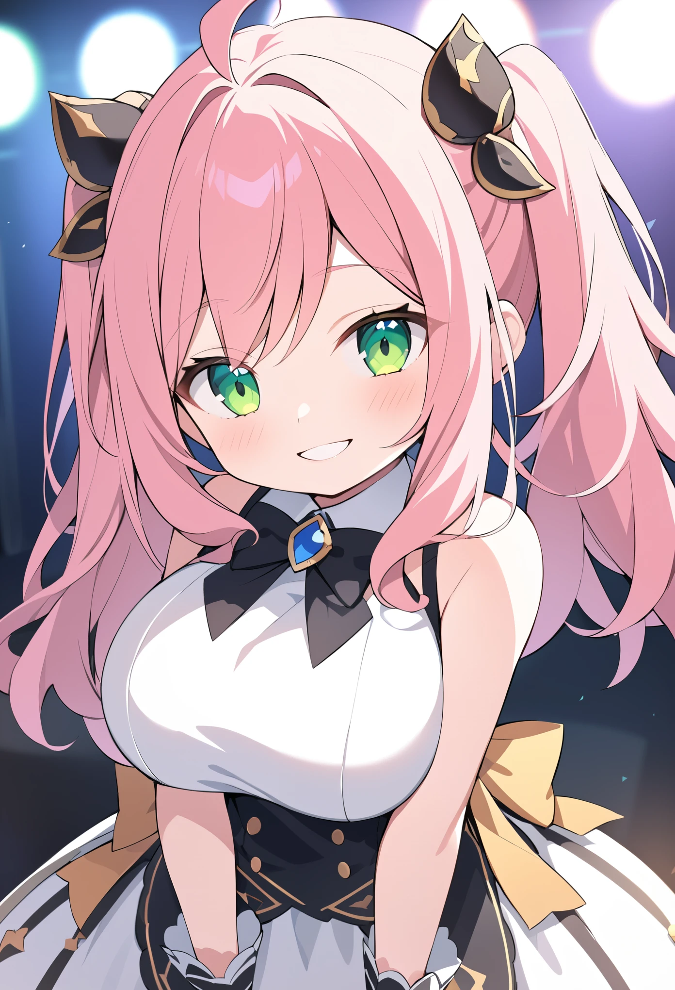 anya forger, anya forger, bangs, green eyes, pink hair, ahoge, hair ornament, hairpods, , female, 7years old ,, live stage, huge Breasts, Formal dress smile　solo