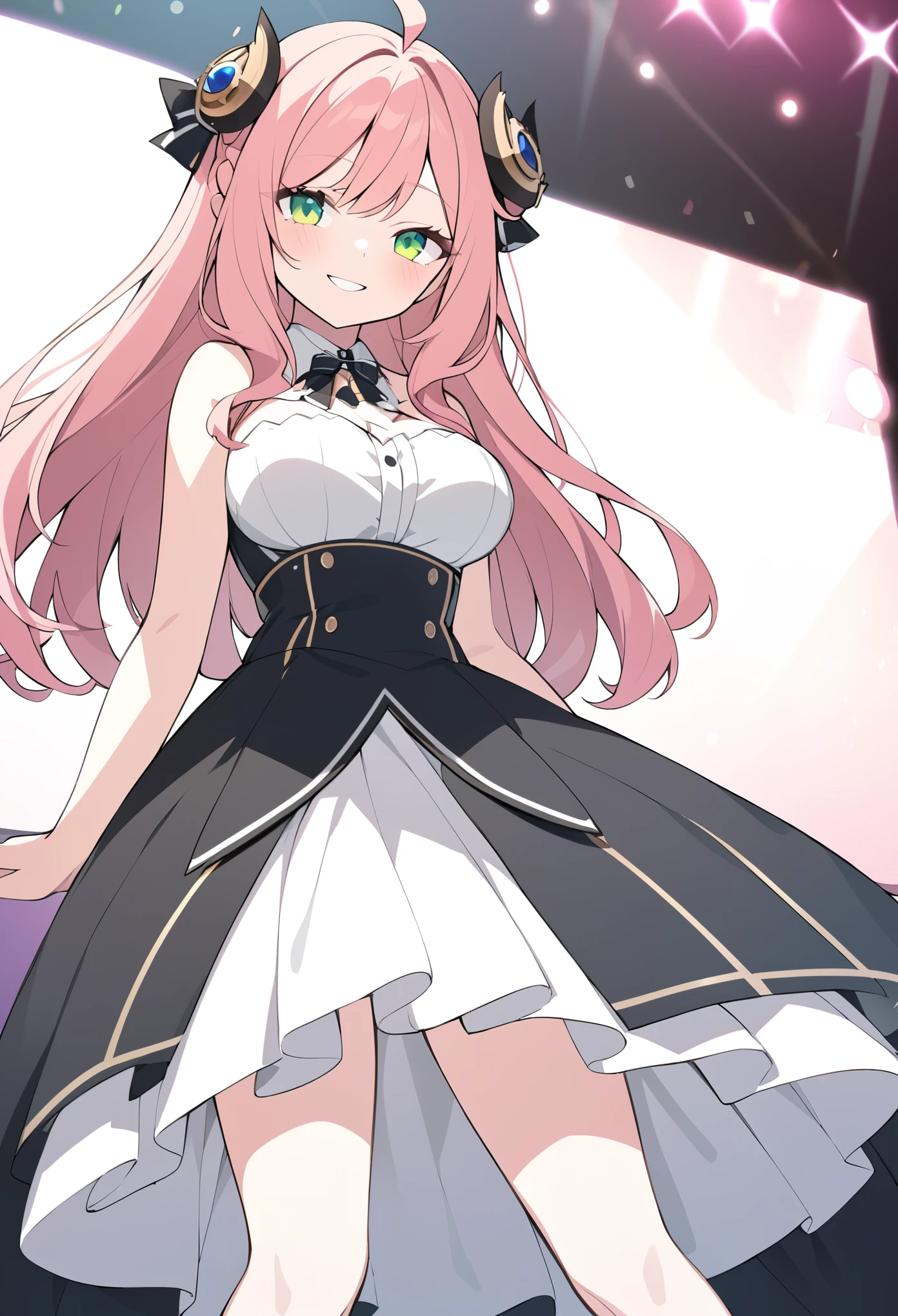 anya forger, anya forger, bangs, green eyes, pink hair, ahoge, hair ornament, hairpods, , female ,, live stage, large Breasts, Formal dress smile　solo