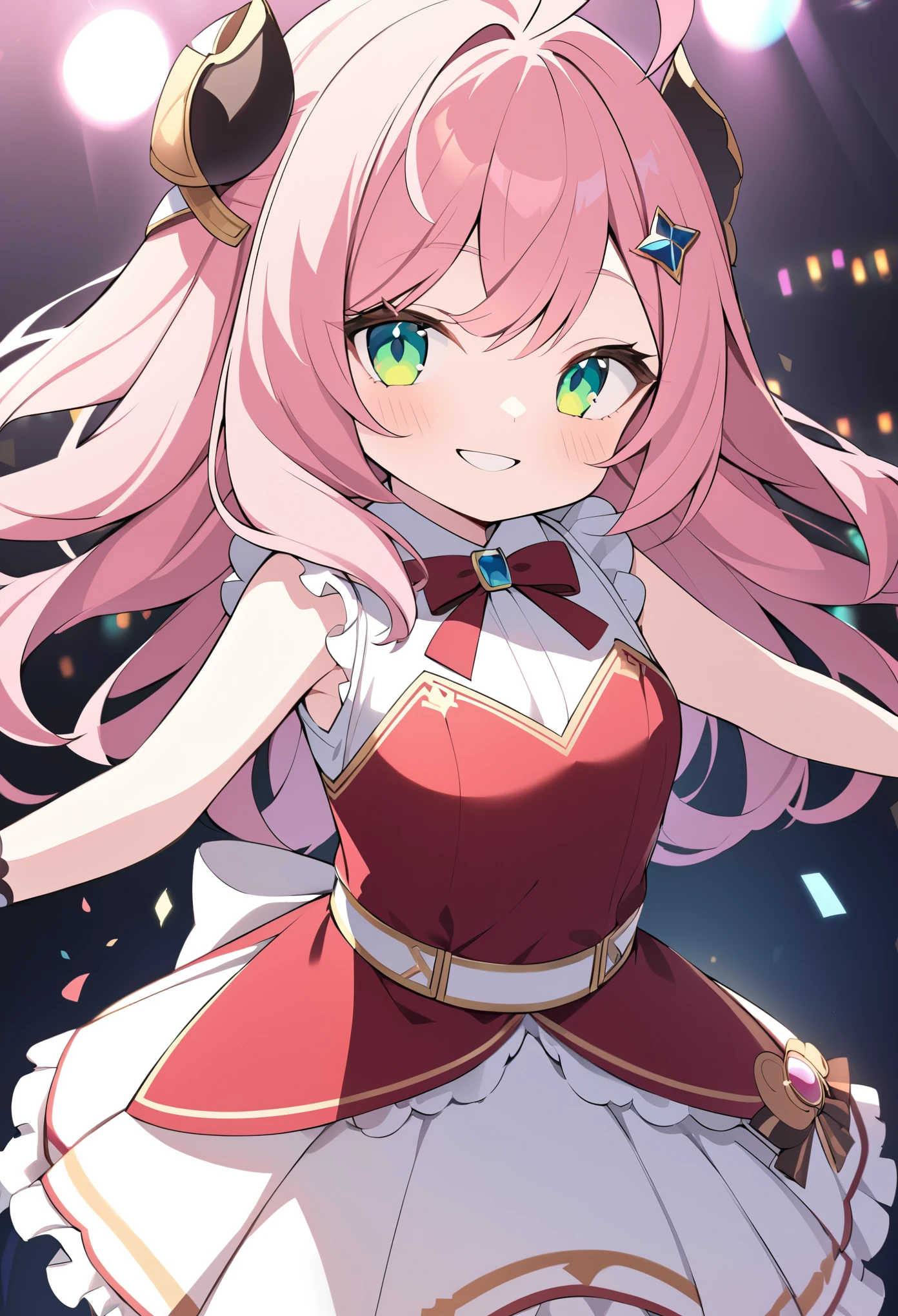 anya forger, anya forger, bangs, green eyes, pink hair, ahoge, hair ornament, hairpods, , female, 7years old ,, live stage, large Breasts, Formal dress smile　solo