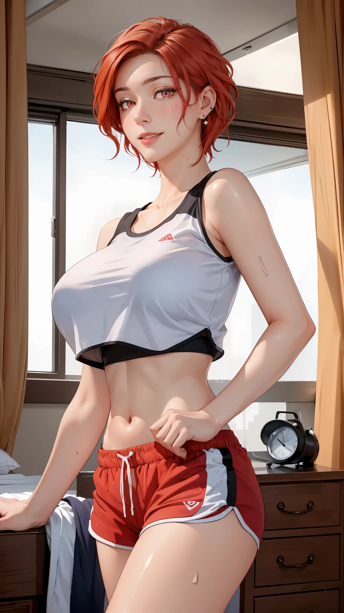 ((((masterpiece, best quality, high resolution)))), Extremely detailed 8K, Beautiful girl with voluptuous body, (Ultra HD, Ultra-detailed, Highly detailed, Highly realistic, Ultra-realistic, photograph realistic), (1girl:1.5), (Realistic red hair), (short wavy hair, earrings), (dynamic poses), facing at camera, looking at viewer, (blushing red, embarrassed, smile), (pink eyes, sharp eyes), (huge perky breasts:1.2), (beautiful detailed face, beautiful detailed eyes), ((crop top, track shorts)), (standing up), sweat, glow, ((cowboy shot)), bedroom