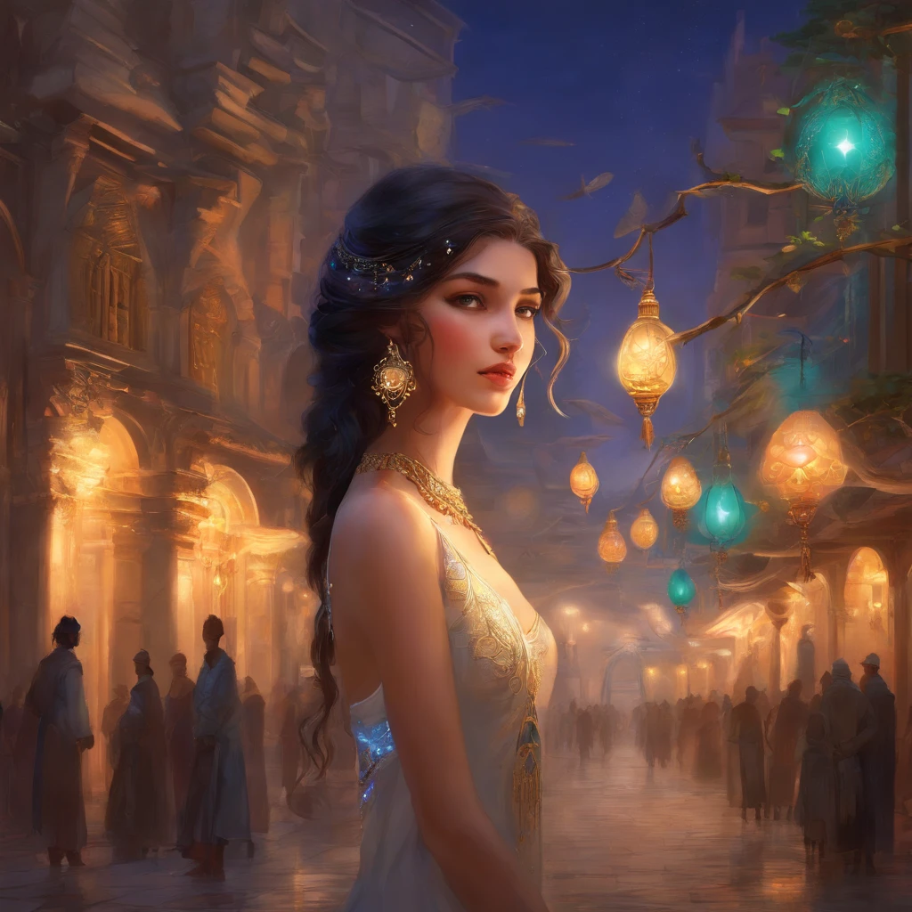 masterpiece, highest quality, Miranda, (Half Body Shot,Street lamp,moon),masterpiece, One girl, Solo Exhibitions, Beautiful woman on a busy street, Surrounded by peddlers, Beautiful Goddess Girl Portrait, Beautiful and elaborate face, Porcelain-like skin, (((Bust Shot, center, night, Black Hair, short hair)), Very soft lighting, Symmetric, complicated, grace, Attention to detail, realism, art, concept art,