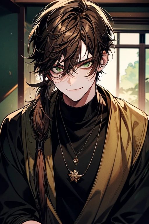 Perfect face, Beautiful face, extra detailed face, (Unusual face:1.4), (natta:1.4), highres, superb quality, Hyper HD, Masterpiece, highly detailed, masterpiece, ((sexy tall man, young__face)), (glowing green eyes), green eyes, sharp eyes, piercing eyes, smiling, smirking, smirk, gradient ((dark brown hair)), shaggy hair, ((rat tail hair)), ((rattail hair)), darkbrown_hair, ashy_brown_hair, ash_brown hair, hair between eyes, ((tan skin)), indoors, wearing black skinny jeans, wearing brown sweater, solo, 1 man, male, young man, tan ager, handsome anime boy, low screen contrast, high brightness, soft lighting, soft focus, mysterious, cinematic lighting, ❤ love