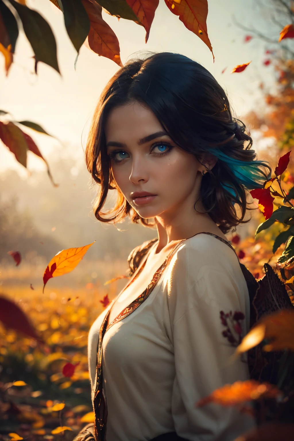 This is an ((ultra detailed)) and ((best quality)) fantasy (((masterpiece))). Generate a beautiful wood faerie standing in the middle of a magical forest. Detailed leaves of oranges and reds float through the air and seem to swirl in a strong gust of wind. The ((faerie's eyes are important)) and are beautiful eyes, ((realistically detailed eyes)), interesting eyes, and (((colorful eyes))) with complex patterns. Her clothes are soft and in autumnal hues, with flowing silk that dances in the breeze. Utilize ((dynamic composition)) and cinematic lighting to create a compelling image. Include beautiful eyes, (puffy lips), orange leaves, red detailed leaves, hazy rays of light, wind, cold