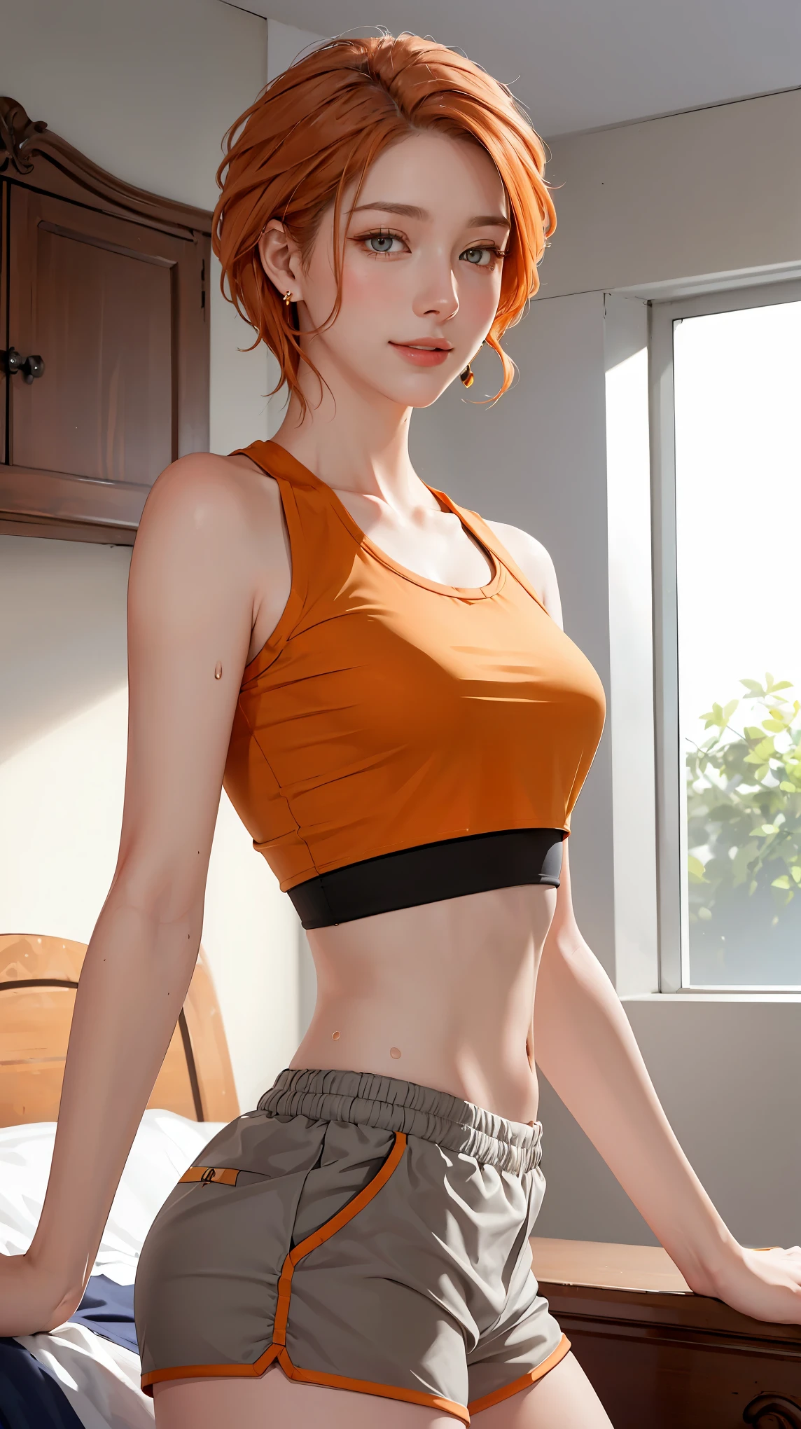 ((((masterpiece, best quality, high resolution)))), Extremely detailed 8K, Beautiful girl with voluptuous body, (Ultra HD, Ultra-detailed, Highly detailed, Highly realistic, Ultra-realistic, photograph realistic), (1girl:1.5), (orange hair), (short wavy hair, earrings), (dynamic poses), facing at camera, looking at viewer, (blushing red, embarrassed, smile), (grey eyes, sharp eyes), (small perky breasts:1.2), (beautiful detailed face, beautiful detailed eyes), ((crop top, track shorts)), (standing up), sweat, glow, ((cowboy shot)), bedroom