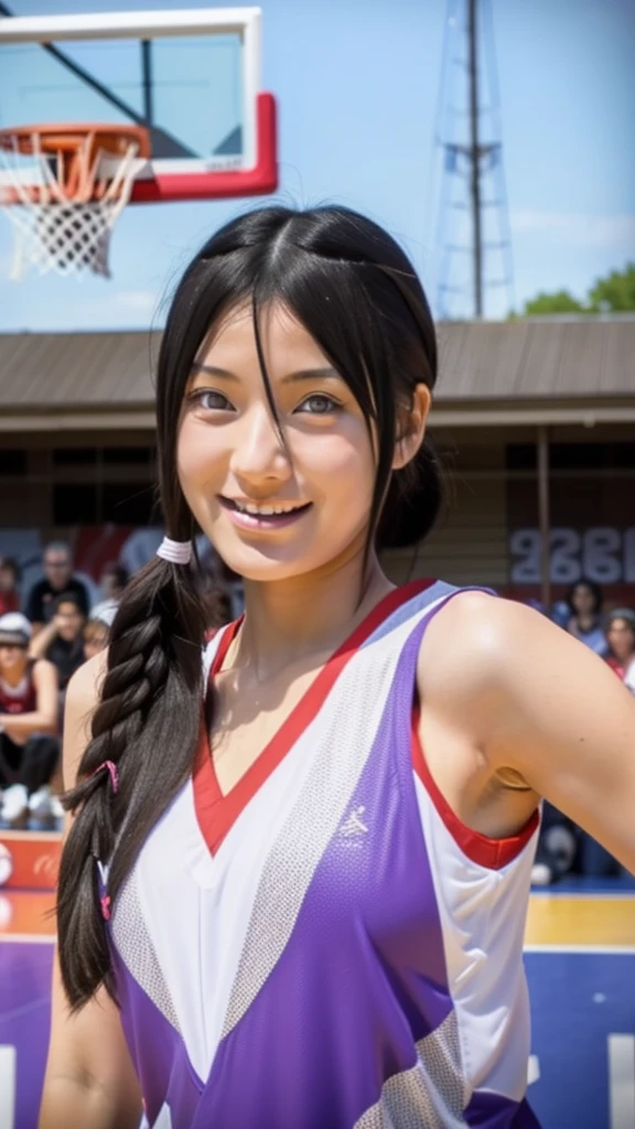 hyuuga hanabi, long hair tied low, hair band, hana purple eyes, ponytail, beautiful, beautiful woman, perfect body, perfect breasts, wearing a basketball jersey, on the basketball court, holding a basketball, basketball hoop, looking at the audience, little smile, realism, masterpiece, textured skin, super detail, high detail, high quality, best quality, 1080p, 16k