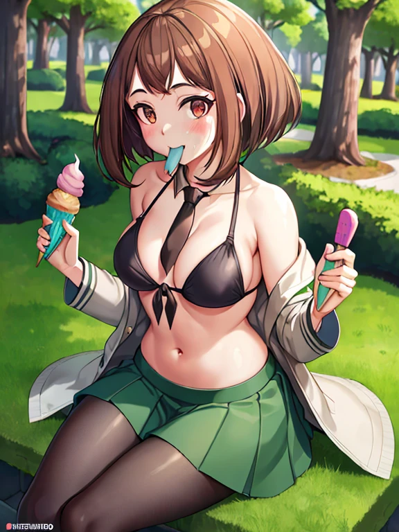 a beautiful and detailed character portrait of ochako, brown hair, , pantyhose, green skirt,grey coat, tie, , smile, trees, bushes,solo, cinematic lighting, shaded, sit, park, sex, penis in mouth, blowjob ((solo bikini trasparente)) ((*comiendo un helado blanco metiendolo en su boca y toda en parada de helado*)) *con la boca alta*
