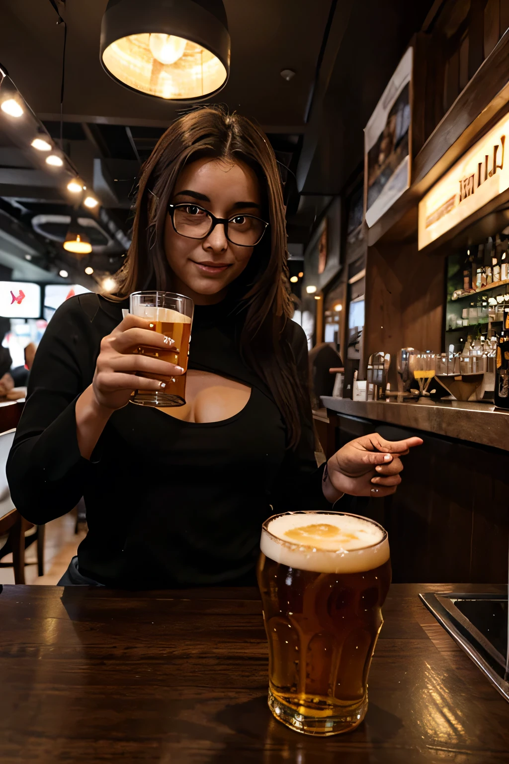 ((Best quality)), ((masterpiece)), (detailed), perfect face, Tatar, stick, Black hair, Glasses, A glass of beer