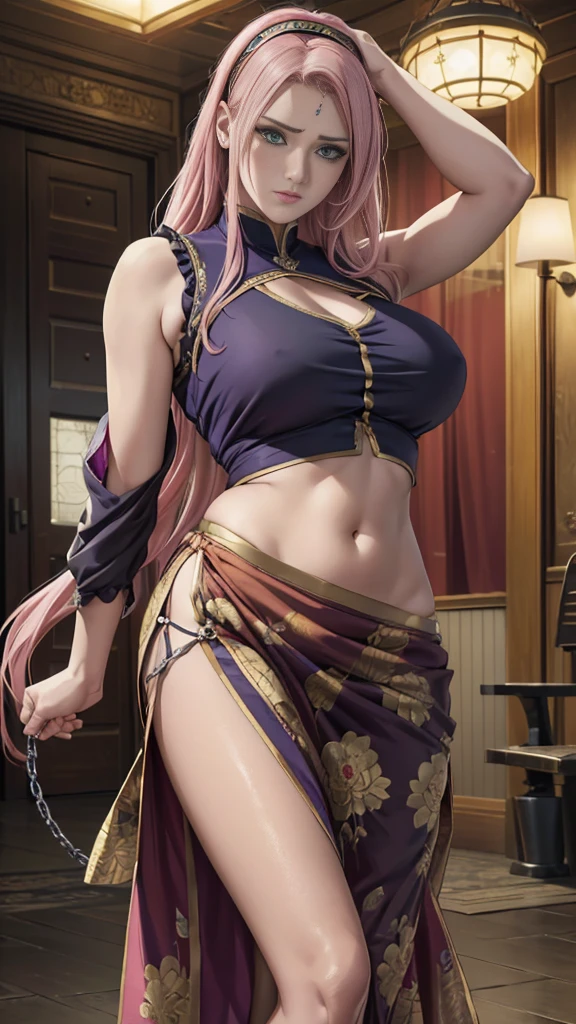 Prison room, long wavy hair, green eyes, realistic eyes、Bdsm, Bondage, Arms above head, Arms tied with Steel Handcuffs, Sakura Haruno hanging from the ceiling with her arms tied by a rough steel chain、perspiring、chains tied her body、a wet body、Rough chain that cuts into the crotch、A large amount of fluid flows out of the crotch、Heavily Embroidered Golden colored Indian Saree、((Black Petticoat, Purple Blouse, Navy Blue Pallu, intricate golden floral patterns on saree at borders and patterned in beautiful designs, exposed navel)), One leg is suspended above with a rough steel chain、tied up with chains、Strongly tied up、Hands tied、legs hanging in shackles、The legs wide open、pink colored konoha headband, forehead jewel, (8K, Raw photography, Top image quality, masterpiece: 1.4), The ultra -The high-definition, (realisitic, Photorealsitic: 1.48), best qualtiy,tmasterpiece,超A high resolution,(realisticlying:1.4),RAW photogr, Perfect anatomy,in the darkness of night,Deep shading,cold light, ((best qualtiy)), ((intricately details)), ((ultra-realistic realism)), detailed background, Prison, perfect eyes, Seductive eye,Cocked buttocks,Reddened face,(weeping:1.2),Confused eyes, realistic face, realistic eyes, realistic arms, realistic legs