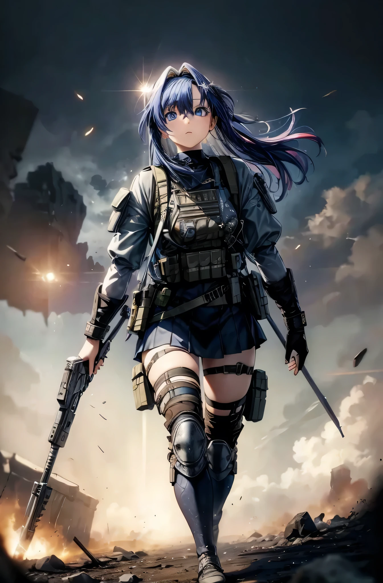 Realistic, soft light, cosplay, 4k, ultra detiled, battlefield atmosphere, looking at viewer, chaos, war, 1girls, tactical, tactical vest , dark blue hair, blue eyes