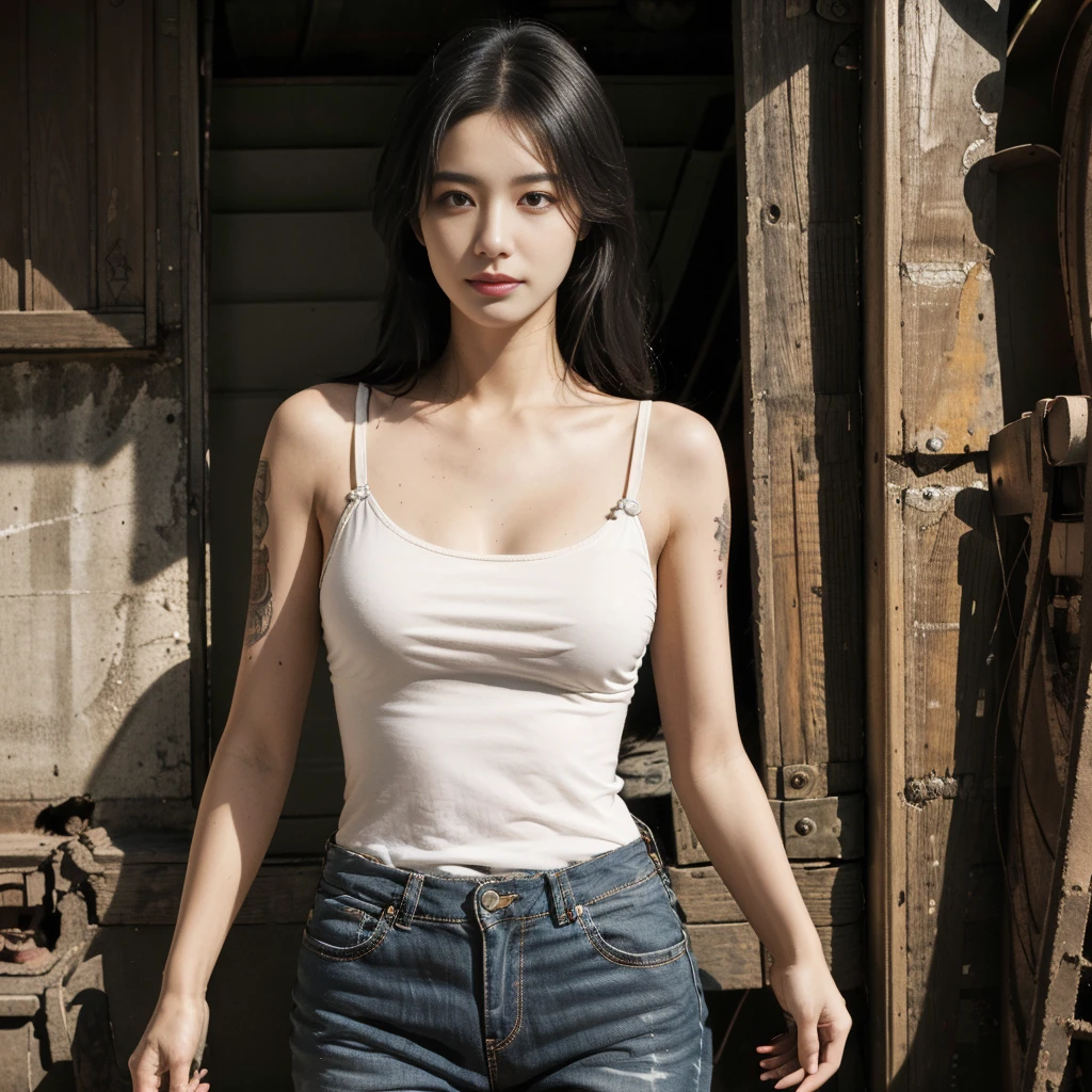 best quality, masterpiece, super high resolution, photos, 1 girl, white shirt, torn jeans, white sneakers, dim, darkness, despair, pity, wretched, movie, tears, teardrops, (torn clothes:1.5), (wet clothes:1.4), bare shoulders, real rain, wet hair,..