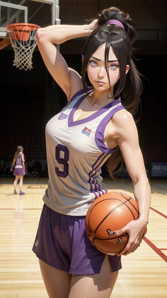 hyuuga hanabi, long hair tied low, hair band, hana purple eyes, ponytail, beautiful, beautiful woman, perfect body, perfect breasts, wearing a basketball jersey, on the basketball court, holding a basketball, basketball hoop, looking at the audience, little smile, realism, masterpiece, textured skin, super detail, high detail, high quality, best quality, 1080p, 16k
