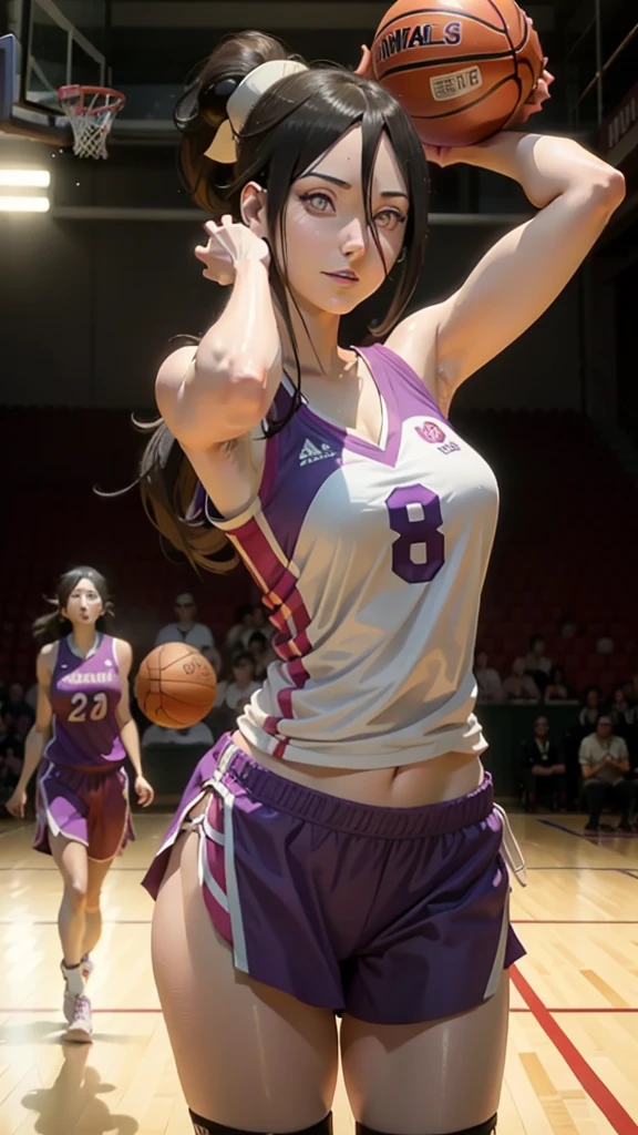 masterpiece,ultra detailed,realistic photo, 1beautiful girl, basketball uniform,detailed crewcut hair, big eyes, looked away,small delicate head,shiny skins,large breasts,abs,nice foots,wet skins sweat,basketball venue,illumination,