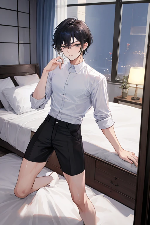 A 17-year-old age boy, 165cm tall, fair skin, short navy hair, male, male, male, solo,