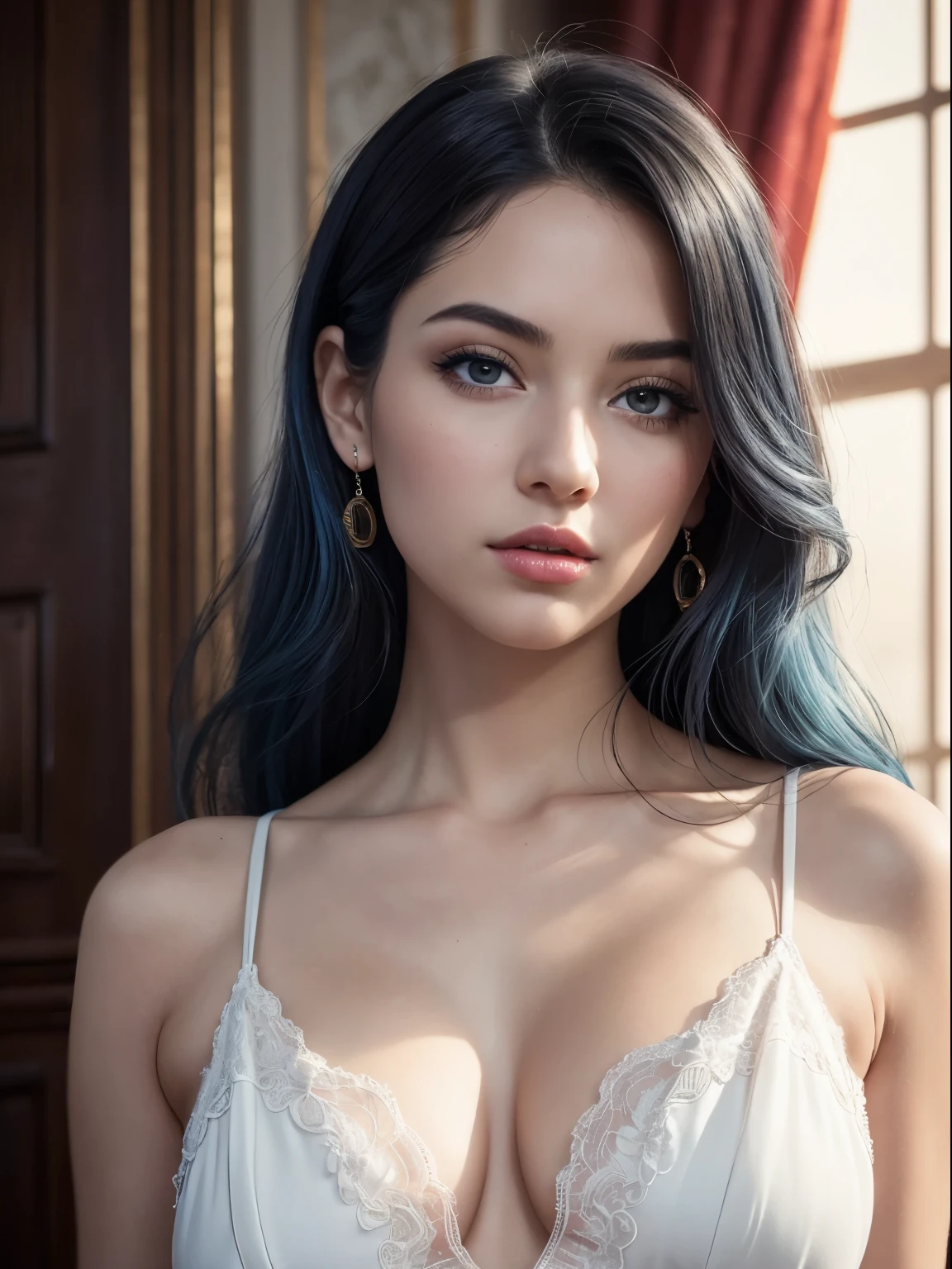 (Best quality,8K,A high resolution,Masterpiece:1.2, DSLR, 16k ),Ultra-detailed,(Realistic,Photorealistic,photo-realistic:1.37),Portrait, Creative style artwork, Historical, classical, Sophisticated, plethora of colors ,Highly detailed, Soft lighting, luxurious environment , there is young woman , girl wearing a red silk classy royal dress, performing a music video, slim fit (oval perfect shape, asymmetrical face structure, perfect proportion, almond eye type, hazal eye color, detailed eyes, blue hair color, 32 inch breasts, hourglass figure, slim body, pale white skin tone ,sexy girl, 22 years old, soft wavy hair, looking away, attitude expression, professional makeup, pink lips)