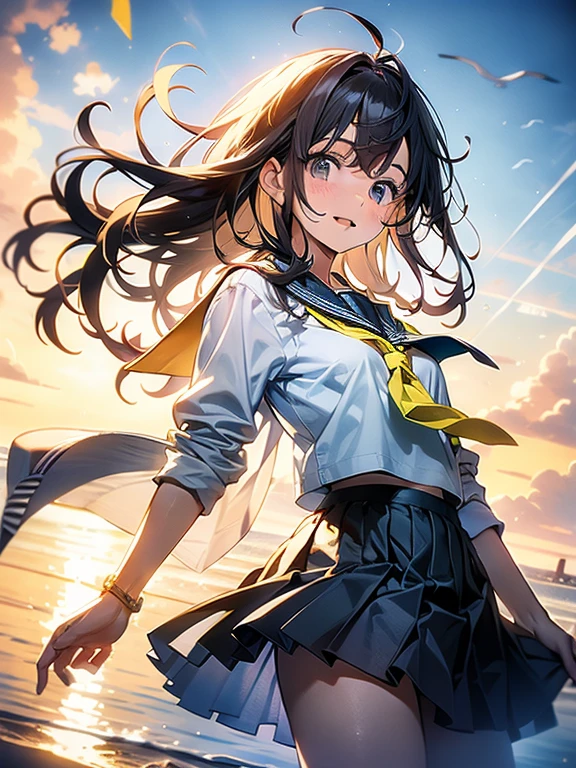 en 8K、de primera calidad、masterpiece、ultra detallado、ultra high resolution、(((estilo animado)))、1 chica de secundaria、Uniformes、Ruta escolar、viento fuerte、falda de cuadros、Falda ondeando al viento、encorvado、Skirt removal、impaciente