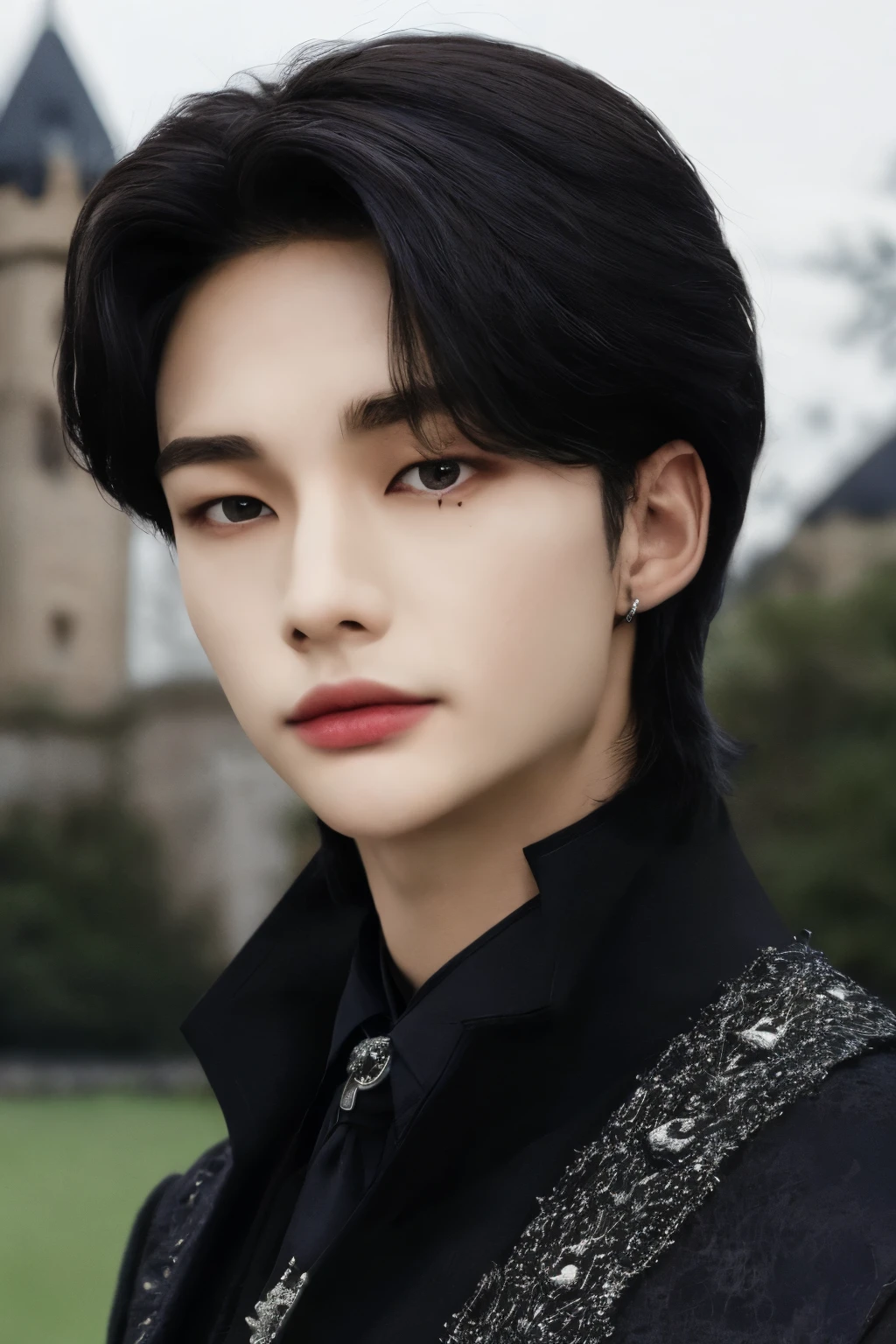 hyunstayv2, front facing, twink, parted lips, (dark black hair:1.2), dark  prince regal outfit, (ultra realistic:1.2), (close-up photo:1.1), (gothic european castle background:1.2), (intricate:1.2), (looking at viewer:1.2),   