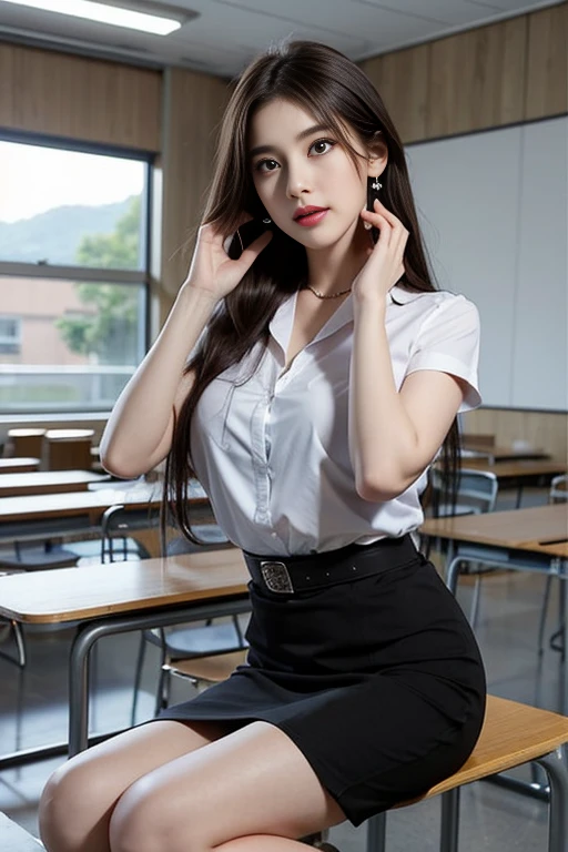 Pretty thai woman Reaching out hand to grab a glass of water , (8k, best quality, masterpiece, ultra highres:1.2) Photo of Pretty thai woman beautiful, beautiful enchanting fashion contemporary painting with , (1girl), (white shirt short sleeves), ((black pencil skirt)), belt , , blonde hair, , realistic skin texture , round chin, 85 mm art lens, f 1. 2, sharp focus, 8 k high definition, insanely detailed, intricate, elegant, large breasts, big breasts , black skirt , twin tails hair
