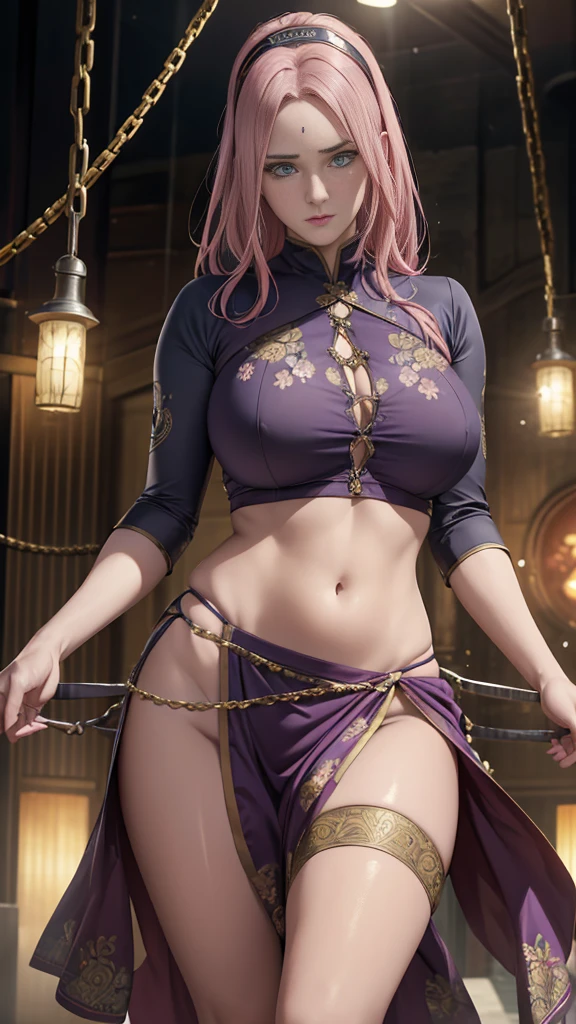 Prison room, long wavy hair, green eyes, realistic eyes、Bdsm, Bondage, Arms above head, Arms tied with Steel Handcuffs, Sakura Haruno hanging from the ceiling with her arms tied by a rough steel chain、perspiring、chains tied her body、a wet body、Rough chain that cuts into the crotch、A large amount of fluid flows out of the crotch、Heavily Embroidered Golden colored Indian Saree、((Black Petticoat, Purple Blouse, Navy Blue Pallu, intricate golden floral patterns on saree at borders and patterned in beautiful designs, exposed navel)), One leg is suspended above with a rough steel chain、tied up with chains、Strongly tied up、Hands tied、legs hanging in shackles、The legs wide open、pink colored konoha headband, forehead jewel, (8K, Raw photography, Top image quality, masterpiece: 1.4), The ultra -The high-definition, (realisitic, Photorealsitic: 1.48), best qualtiy,tmasterpiece,超A high resolution,(realisticlying:1.4),RAW photogr, Perfect anatomy,in the darkness of night,Deep shading,cold light, ((best qualtiy)), ((intricately details)), ((ultra-realistic realism)), detailed background, Prison, perfect eyes, Seductive eye,Cocked buttocks,Reddened face,(weeping:1.2),Confused eyes, realistic face, realistic eyes, realistic arms, realistic legs