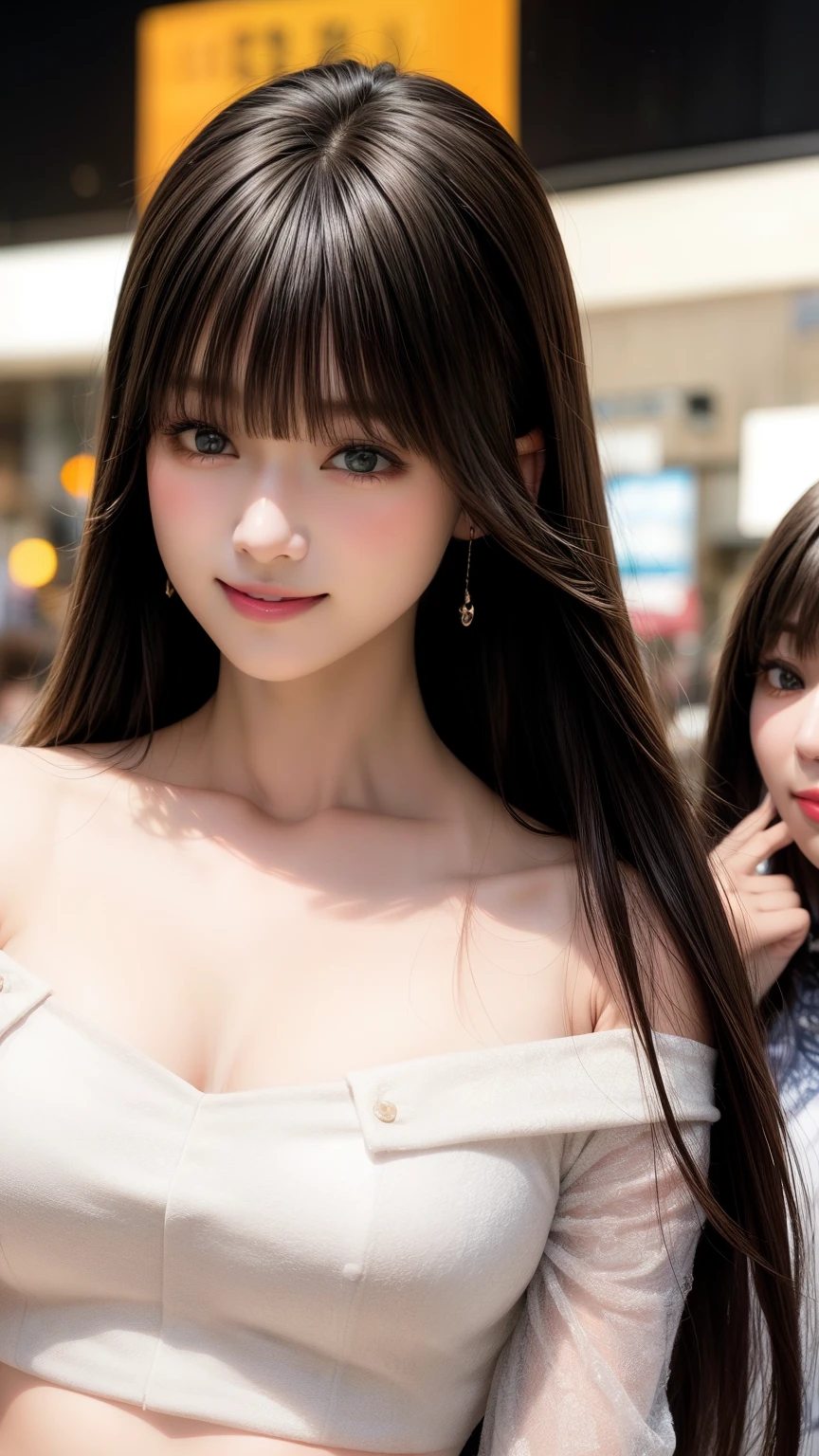 highest quality、Natural Lip、Fair skin、Great light、Beautiful lighting、((Black Hair))、((Straight Hair))、Blunt bangs、Off the shoulder、Cleavage、Crop top、mini skirt、Gorgeous Accessories、Harajuku、smile、かわいいsmile、Crowds in the city