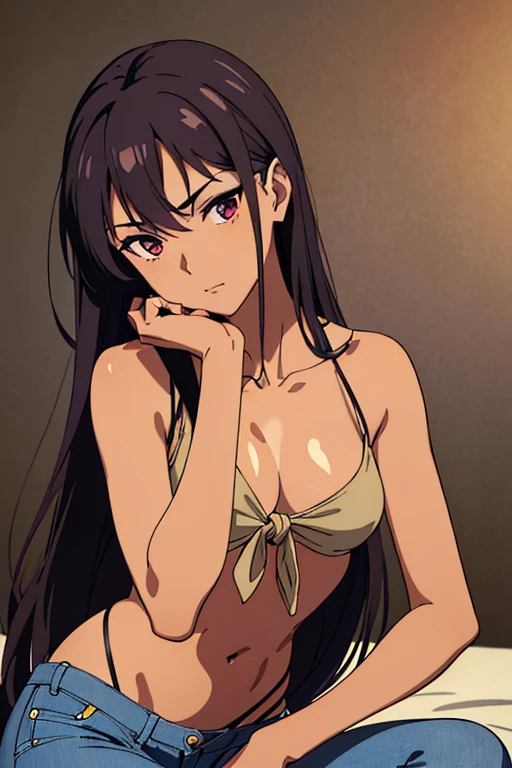 ((best quality)), ((masterpiece)), (detailed), dark tanned skin anime woman in a deep V-neck tied top, (bare shoulders), (bare arms), (jeans), (long hair), starving, (resting hands on the stomach), (hands on the stomach), (slim body), (smooth and shiny skin), resting hands on the tummy