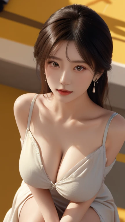 China dressを着た中国人女性, Very detailed decorations, (((masterpiece))), ((highest quality)), ((Intricate and detailed)), ((Ultra-realistic)),(perspective), Absurd resolution, Mature Woman, Mature Woman, perspective, Very detailed, figure,, (Large Breasts), Perfect hands, Detailed fingers, Beautiful fine details, Updo, Brown eyes,(China dress:1.2), Earrings, Detailed Background, Perfect Eyes, Seductive eyes, Squatting in front of an audience,(Look up),(Looking at the audience:1.8),(View from above:1.5) ,((Crouch in front of the viewer)) ,White floors