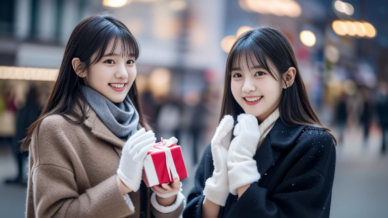 (Two long-haired girls with dull bangs in winter clothes and scarf coats.:1.5)、(A girl with a shy smile held a gift box in her hand with gloves.:1.5)、(winter snowing night street corner with christmas lights:1.5)、(perfect anatomy:1.3)、(no mask:1.3)、(Complete finger:1.3)、realistic、photography、tabletop、Highest quality、high resolution, Delicate and pretty、perfect face、Beautifully detailed eyes、Beautiful skin、real human skin、hair follicles、((slender legs))、(dark hair)((best quality, 8k, Masterpiece :1.3)), 1 girl, Beautiful women emphasize a slender stomach. :1.3,