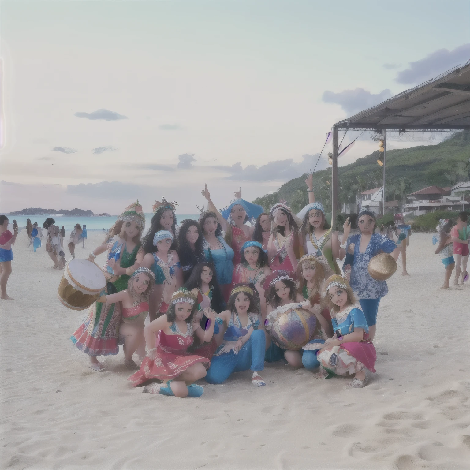 tem muita gente posando para uma foto na praia, PERCUSSION group photo, festa na praia, dancing on the beach, competition winner, 8k)), carnaval brasil, grupos de humanos felizes, dancing on a tropical beach, me divertindo muito, carnaval de Barranquilha, em uma praia em Ibiza, um grupo de pessoas COM TAMBORES, holiday season, festival