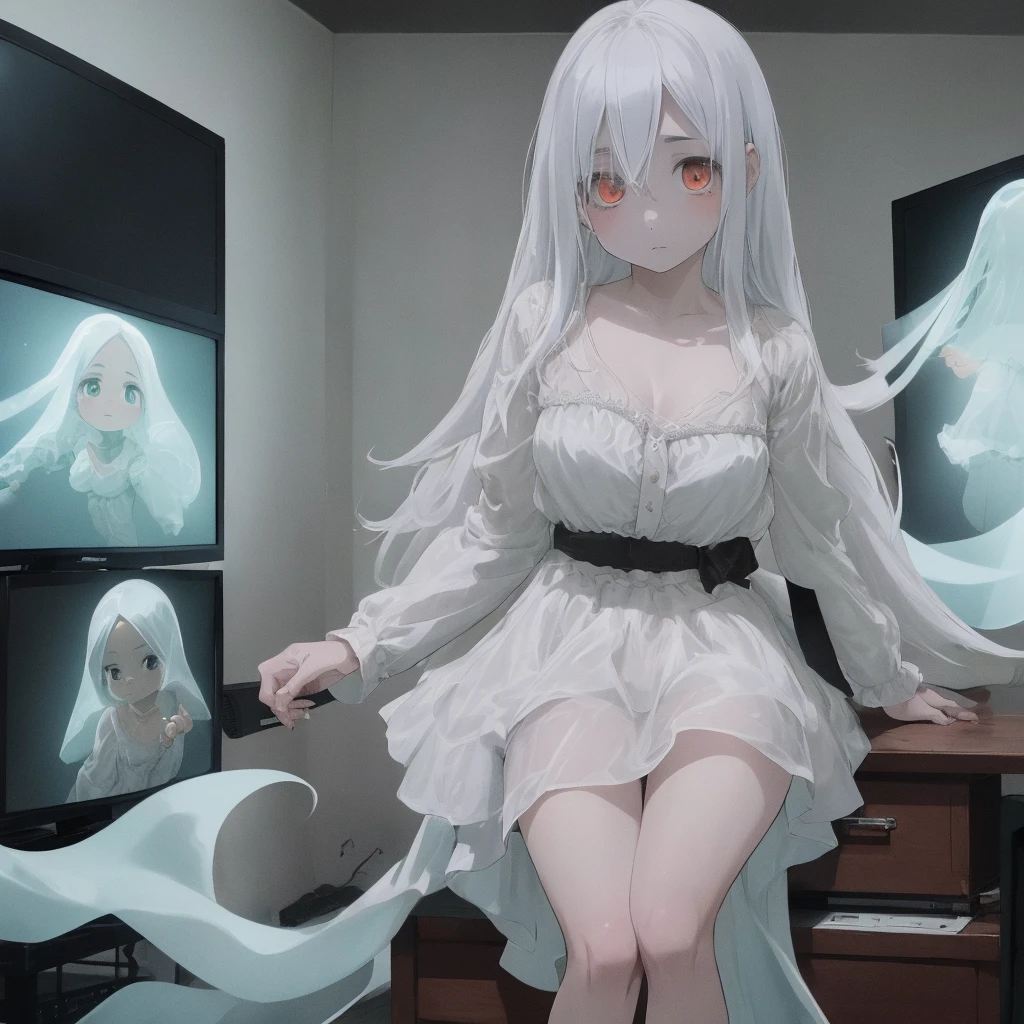 Mulher fantasma linda, idade 21 anos com roupa de fantasma, ghostly appearance, inside a room sitting on top of a TV with an interference screen, corpo perfeito, seios robustos, olhando para o expectador 
