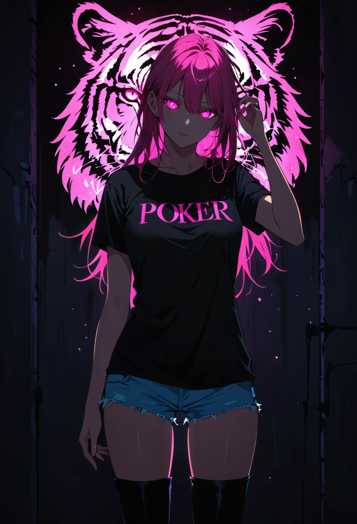 (Portrait of a mysterious giant Tiger)，indoor，Fluorescent illumination， (((Darkness shrouded, black background, shadow, extreme darkness, Dark atmosphere))),，Wall background，black background，silhouette，shadow，extreme darknesinimalist graffiti style background，Fluorescent pink eye graffiti，Dark atmosphere，cowboy shot,1girl,Oversized black T-shirt，Medium Breast，Waistless T-shirt，underboob，blurred background，Blurred foreground，Pink fluorescent hair，Fluorescent pink eyes，Hand raised and touching hair，long hair，Messy hair，Low rise denim shorts，Over-the-knee boots，pink eye shadow，Ruined eyeshadow，Poker face