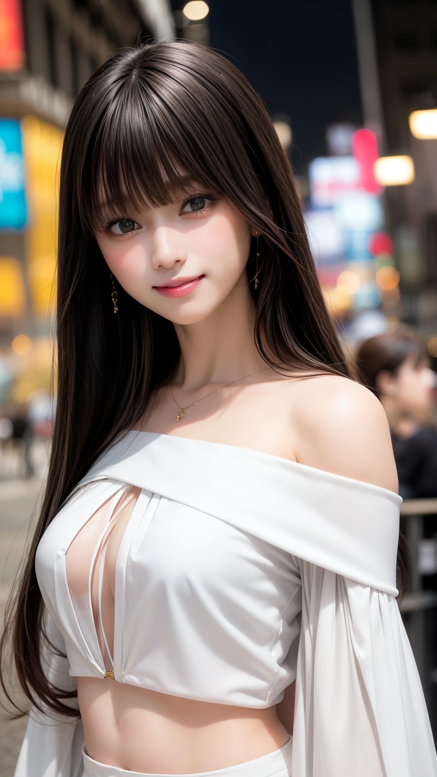 highest quality、Natural Lip、Fair skin、Great light、Beautiful lighting、((Black Hair))、((Straight Hair))、Blunt bangs、Off the shoulder、Cleavage、White crop top、mini skirt、Gorgeous Accessories、Harajuku、smile、かわいいsmile、Crowds in the city