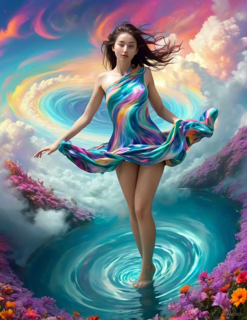 a woman in a bright dress walks through a whirlpool of lush clouds, colorful digital fantasy art, Beautiful color art!, Beautiful and colorful, with beautiful flowers, beautiful digital art, beautiful gorgeous digital art, colorful HD picture, Gently swirling magical energy, colorful art, very beautiful digital art, Bright, Beautiful Colors, gorgeous digital art, surrealism dressed in multi-colored silk