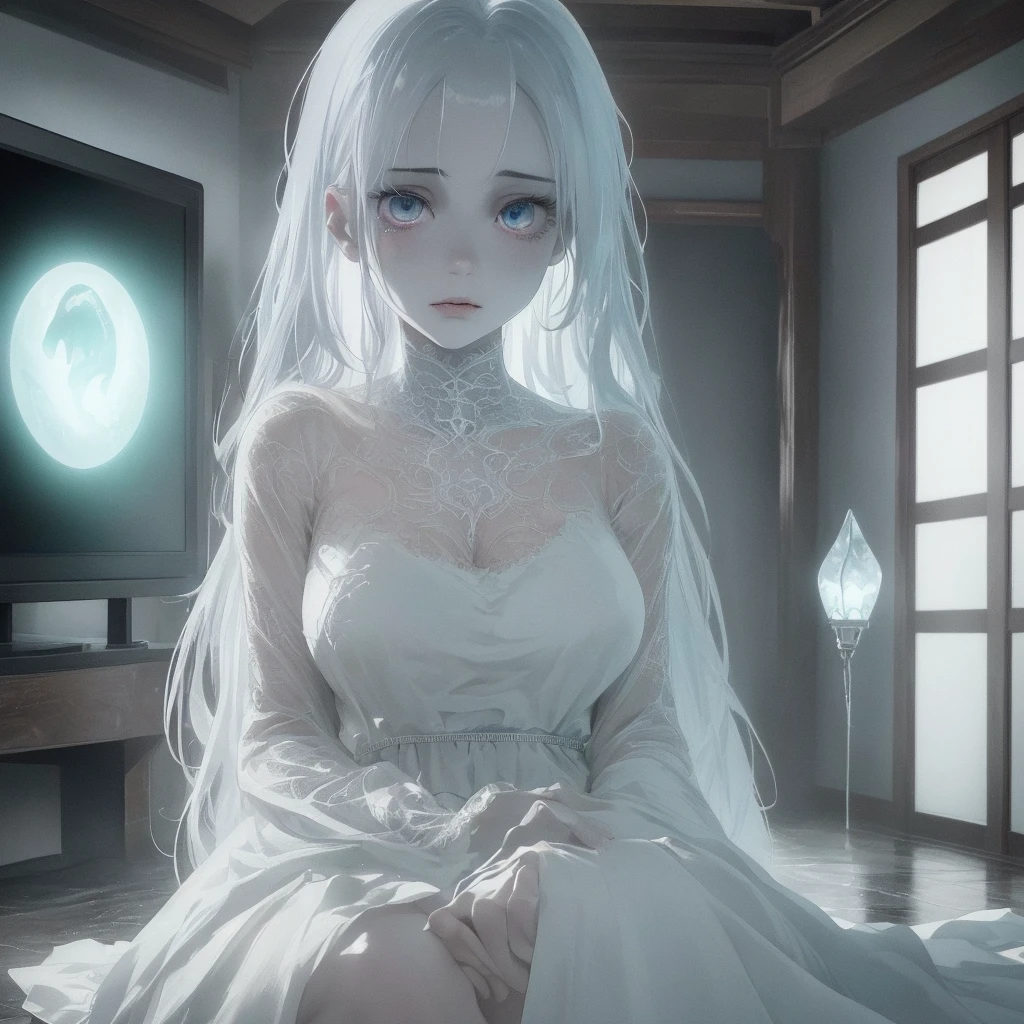 (best quality,4k,highres:1.2),ultra-detailed,(realistic:1.37),ghostly appearance,beautiful ghost woman,21 years old,ghostly outfit,inside a room,sitting on top of a TV with an interference screen,perfect body,robust breasts,staring at the viewer,haunting eyes,detailed face,long eyelashes,soft lips,pale skin,translucent,etheral beauty,glowing with a faint light,soft and ethereal dress,vivid colors,pastel tones,misty atmosphere,subtle lighting,intense ambiance,indoor setting,haunted room,serene silence,mysterious presence,lonely and haunting,haunting energy,calm and enigmatic,majestic and alluring,ghostly aura,revealing emotions through her eyes.