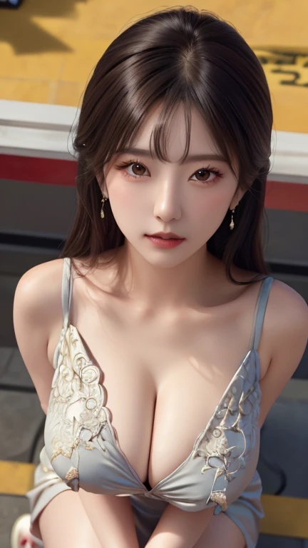 China dressを着た中国人女性, Very detailed decorations, (((masterpiece))), ((highest quality)), ((Intricate and detailed)), ((Ultra-realistic)),(perspective), Absurd resolution, Mature Woman, Mature Woman, perspective, Very detailed, figure,, (Large Breasts), Perfect hands, Detailed fingers, Beautiful fine details, Updo, Brown eyes,(China dress:1.2), Earrings, Detailed Background, Perfect Eyes, Seductive eyes, Squatting in front of an audience,(Look up),(Looking at the audience:1.8),(View from above:1.5) ,((Crouch in front of the viewer)) ,White floors, (whole body)