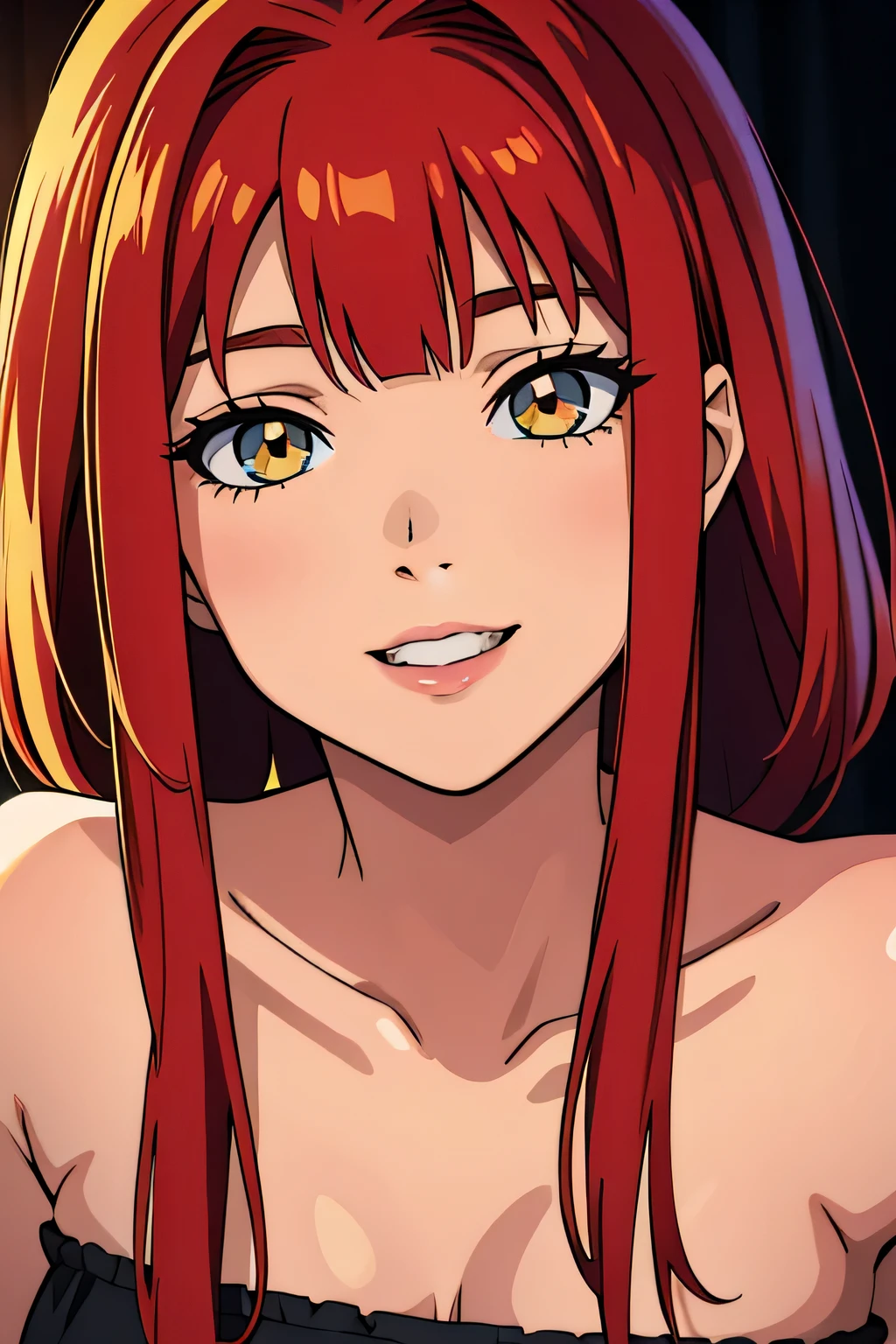 1 garota, cabelo amarelo, 20 anos, olhos red, cabelo curto, olho vermelho, sorriso, franja, roupa social,