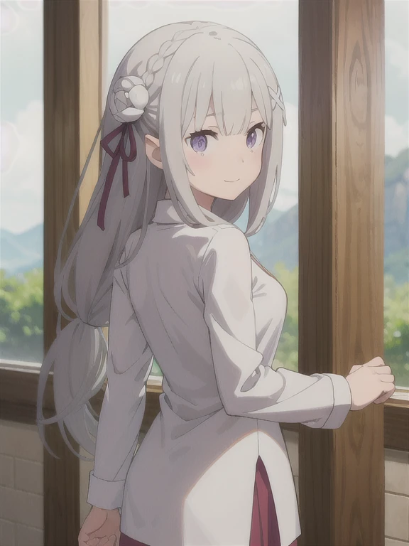 1 chica, solo, Obra maestra, mejor calidad,
        sudor, Re:cero kara hajimeru isekai seikatsu, emilia, emilia (Re:cero), ojos morados, gRey hair, pelo blanco, pelo largo, trenza, crown trenza, flequillo contundente, cerraduras laterales, adorno para el pelo, x adorno para el pelo, flor del pelo, Cinta para el pelo, cinta morada, orejas puntiagudas, duende, uniforme de gimnasio, camisa de gimnasio, Camisa blanca, sin mangas, sin mangas shirt, clavicle, baRe arms, medium bReasts, buruma, baRe legs,
        tiro de vaquero, torso torcido, looking back,
        rubor, sonrisa,
        al aire libre