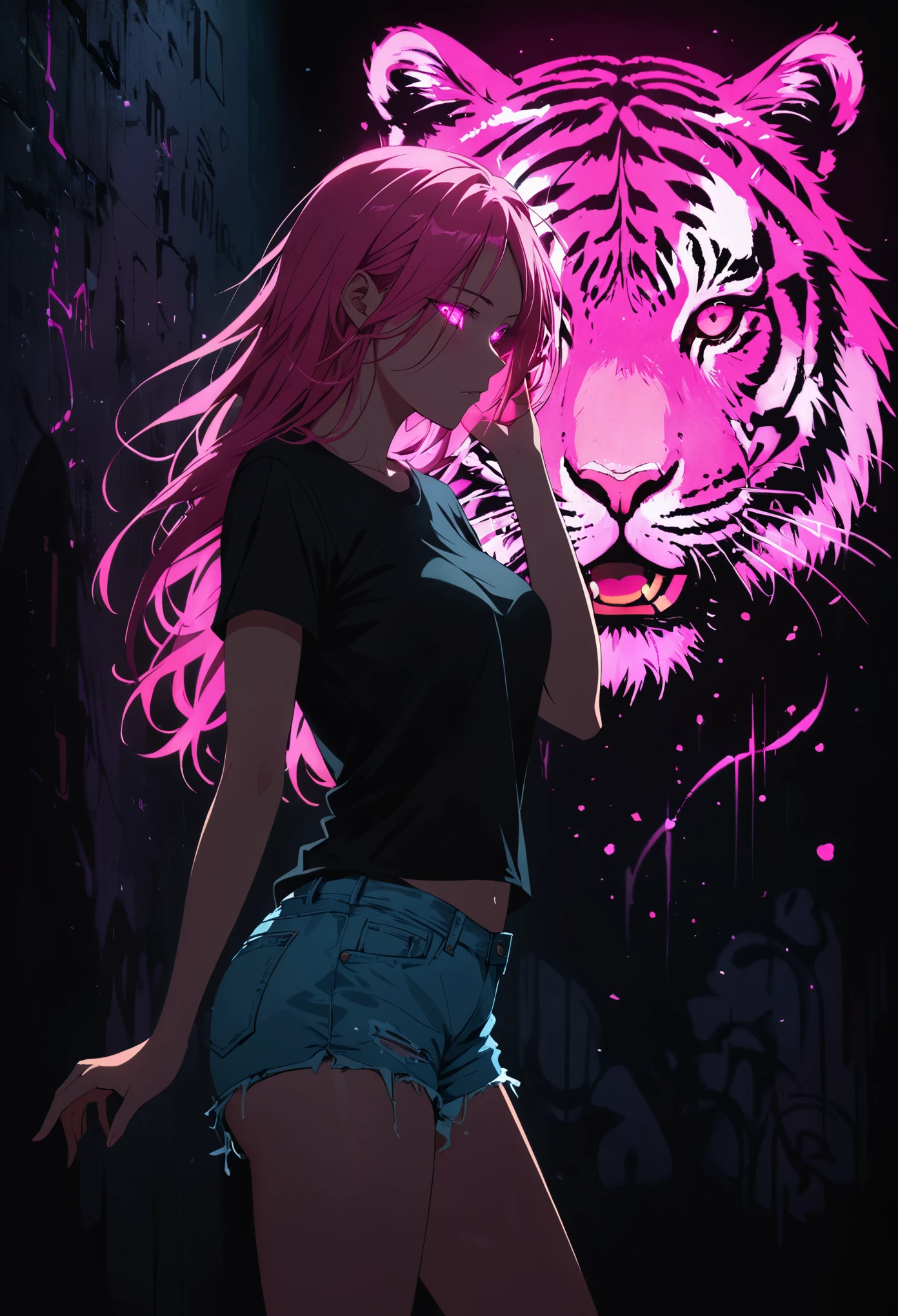 (Portrait of a mysterious giant Tiger)，indoor，Fluorescent illumination， (((Darkness shrouded, black background, shadow, extreme darkness, Dark atmosphere))),，Wall background，black background，silhouette，shadow，extreme darknesinimalist graffiti style background，Fluorescent pink eye graffiti，Dark atmosphere，cowboy shot,1girl,Oversized black T-shirt，Medium Breast，Waistless T-shirt，underboob，blurred background，Blurred foreground，Pink fluorescent hair，Fluorescent pink eyes，Hand raised and touching hair，long hair，Messy hair，Low rise denim shorts，Over-the-knee boots，pink eye shadow，Ruined eyeshadow，Poker face