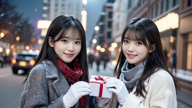 (Two long-haired girls with dull bangs in winter clothes and scarf coats.:1.5)、(A girl with a shy smile held a gift box in her hand with gloves.:1.5)、(winter snowing night street corner with christmas lights:1.5)、(perfect anatomy:1.3)、(no mask:1.3)、(Complete finger:1.3)、realistic、photography、tabletop、Highest quality、high resolution, Delicate and pretty、perfect face、Beautifully detailed eyes、Beautiful skin、real human skin、hair follicles、((slender legs))、(dark hair)((best quality, 8k, Masterpiece :1.3)), 1 girl, Beautiful women emphasize a slender stomach. :1.3,